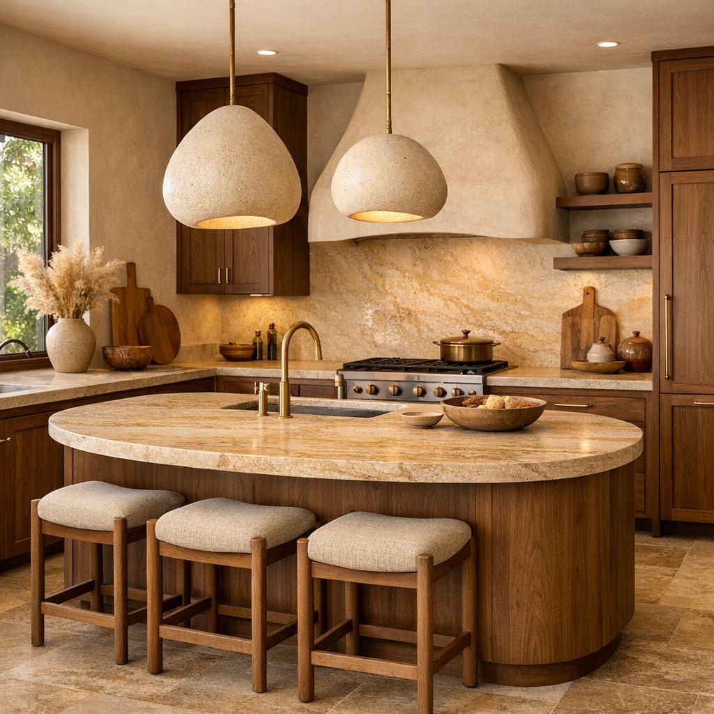 Photorealistic interior rendering of a kitchen remodel in Organic Modern style. One or two sculptural plast...