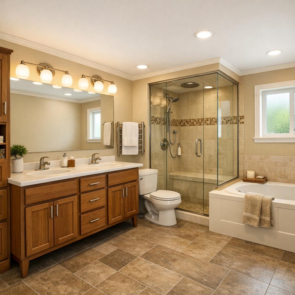 Photorealistic interior rendering of a bathroom remodel in Mid-Century Modern style. Two matching globe sconces evenly flanking a round brass-framed or starburst mirror, with warm bulbs; floating walnut or teak vanity with tapered legs and brass pulls. Neutral quartz or terrazzo top, white subway or geometric tile shower surround with a single period accent-color tile used sparingly (teal, mustard, or olive), brushed or antique brass fixtures, terrazzo or geometric tile flooring; retro but clean, no cool gray, no stark white. Stock or prefabricated vanity with a cultured-marble or laminate top, a prefab shower/tub surround or ceramic-tile shower, ceramic tile or LVP flooring, builder-grade faucet and fixtures, basic hardware, a framed mirror - clean and simple, modest and budget-appropriate, not premium or luxury. Color direction: Warm earth tones. The space should feel Bright and airy. Current condition: Outdated - show a realistic remodel of this starting point. Focus the remodel on these elements only: Cabinets, Countertops, Backsplash, Flooring, Lighting, Trim and molding, Paint, Plumbing fixtures, Vanity and countertop, Toilet, Fixtures, Lighting, Mirror, Paint, Trim and molding. Tub and shower configuration: Partial Bath Update - Vanity and countertop, Toilet, Fixtures, Lighting, Mirror, Paint, Trim and molding. Include these features in the scene where they fit naturally: Double Vanity, Soaking Tub, Steam Shower, Heated Towel Rack, Smart Mirror, Linen Tower. Keep these existing items in place rather than replacing them: Appliances, Structural walls. Warm 2700K-3000K lighting, natural daylight from windows, realistic materials, no people, 16:9 aspect ratio, professional architectural photography.