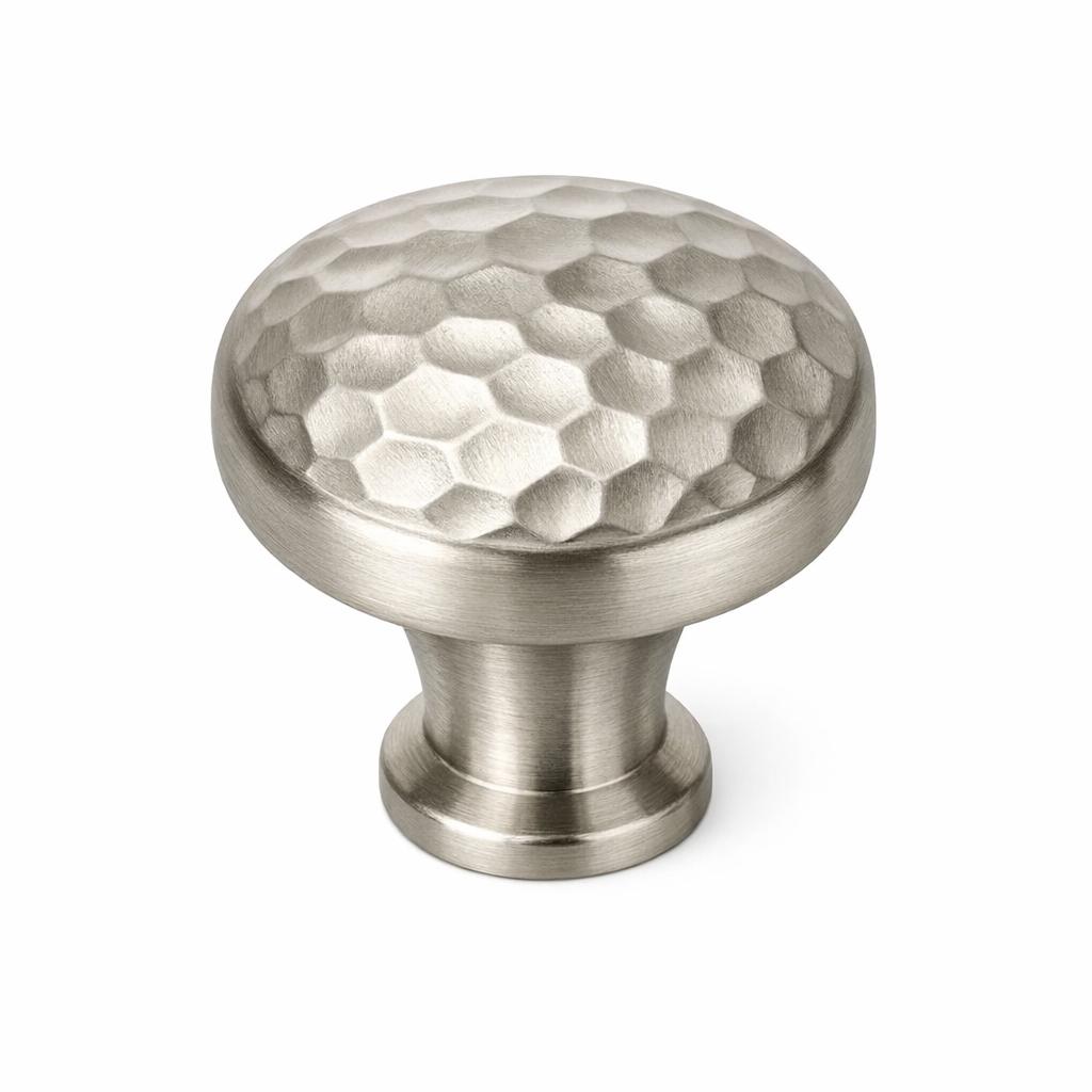 A single product photograph of a Hammered Round Knob cabinet knob in Brushed Nickel finish. Shot straight-o...