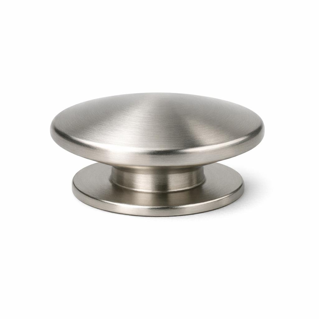 Commercial product photograph. A single residential cabinet knob. Smooth surface texture. Round Knob shape. Brushed Nickel metal finish. Small circular base plate, single mounting post, approximately 1-1/4 inch diameter. Photographed on pure white seamless background (#FFFFFF). Studio softbox lighting, soft shadow directly underneath only. Macro lens, sharp focus throughout. Photorealistic real metal hardware. Not a 3D render. Not an illustration. Not CGI. Real cabinet hardware product photography quality. Variation 9: Basin style cabinet knob: wide shallow dome top, very wide flat circular base plate, low projection from surface. Modern minimalist style. Smooth surface, no texture, no ribbing, no decorative details..