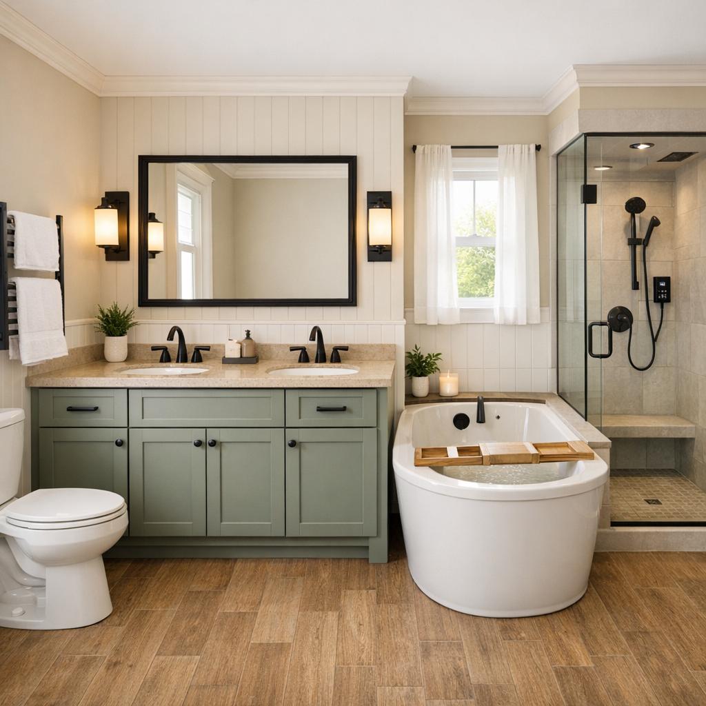 Photorealistic interior rendering of a bathroom remodel in Modern Farmhouse style. Two matching black metal-and-frosted-glass sconces evenly flanking the mirror; a white or sage shaker vanity with matte black as the defining accent - no rattan or woven shades. Warm-tone quartz or cultured-marble top with a white undermount sink, white subway tile shower surround with matte black trim and a glass door, matte black faucet and fixtures, wood-look or warm-tone tile flooring, beadboard or shiplap accent wall, wood- or black-framed mirror; warm and clean, matte finishes, no high gloss. Stock or prefabricated vanity with a cultured-marble or laminate top, a prefab shower/tub surround or ceramic-tile shower, ceramic tile or LVP flooring, builder-grade faucet and fixtures, basic hardware, a framed mirror - clean and simple, modest and budget-appropriate, not premium or luxury. Color direction: Warm earth tones. The space should feel Bright and airy. Current condition: Outdated - show a realistic remodel of this starting point. Focus the remodel on these elements only: Cabinets, Countertops, Backsplash, Flooring, Lighting, Trim and molding, Paint, Plumbing fixtures, Vanity and countertop, Toilet, Fixtures, Lighting, Mirror, Paint, Trim and molding. Tub and shower configuration: Partial Bath Update - Vanity and countertop, Toilet, Fixtures, Lighting, Mirror, Paint, Trim and molding. Include these features in the scene where they fit naturally: Double Vanity, Soaking Tub, Steam Shower, Heated Towel Rack, Smart Mirror, Linen Tower. Keep these existing items in place rather than replacing them: Appliances, Structural walls. Warm 2700K-3000K lighting, natural daylight from windows, realistic materials, no people, 16:9 aspect ratio, professional architectural photography.