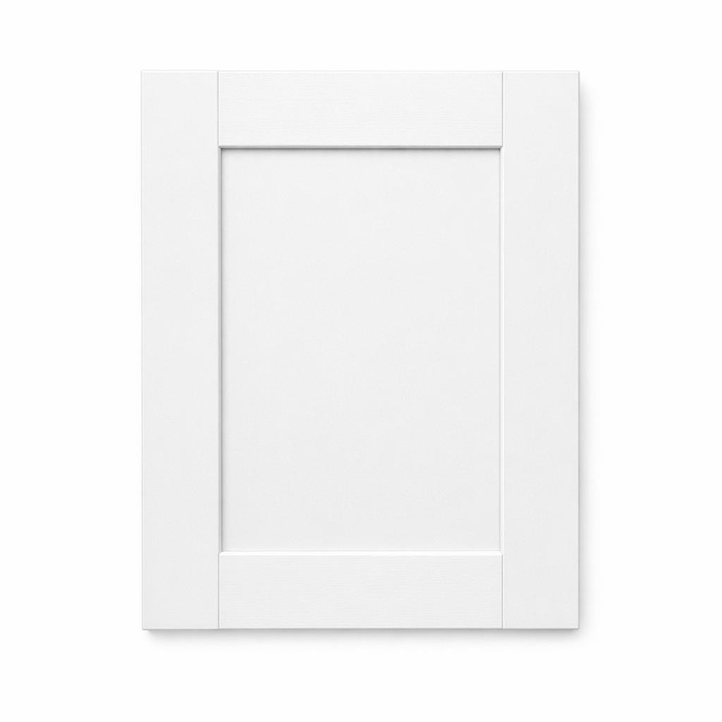 A single flat-lay product photograph of a Shaker kitchen cabinet door panel. Material: MDF. Color: White. F...