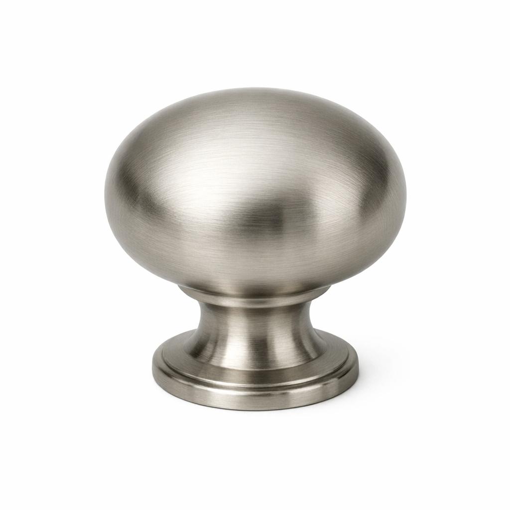 A single product photograph of a Smooth Round Knob cabinet knob in Brushed Nickel finish. Shot straight-on ...