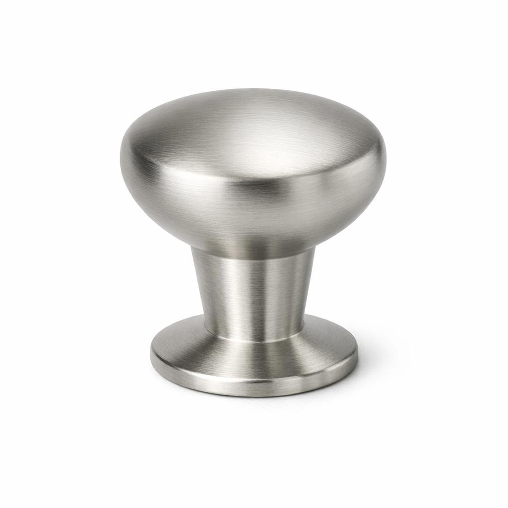 Commercial product photograph. A single residential cabinet knob. Smooth surface texture. Round Knob shape. Brushed Nickel metal finish. Small circular base plate, single mounting post, approximately 1-1/4 inch diameter. Photographed on pure white seamless background (#FFFFFF). Studio softbox lighting, soft shadow directly underneath only. Macro lens, sharp focus throughout. Photorealistic real metal hardware. Not a 3D render. Not an illustration. Not CGI. Real cabinet hardware product photography quality. Variation 8: Select Conical style cabinet knob: smooth round knob top on a tapered conical stem, stem widens at base into circular plate. Contemporary architectural style. Smooth surface, no texture, no ribbing, no decorative details..