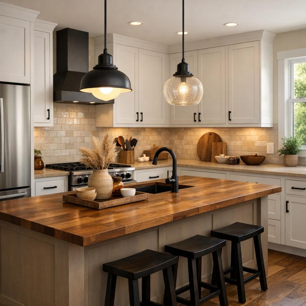 Photorealistic interior rendering of a kitchen remodel in Modern Farmhouse style. Two matte black schoolhou...