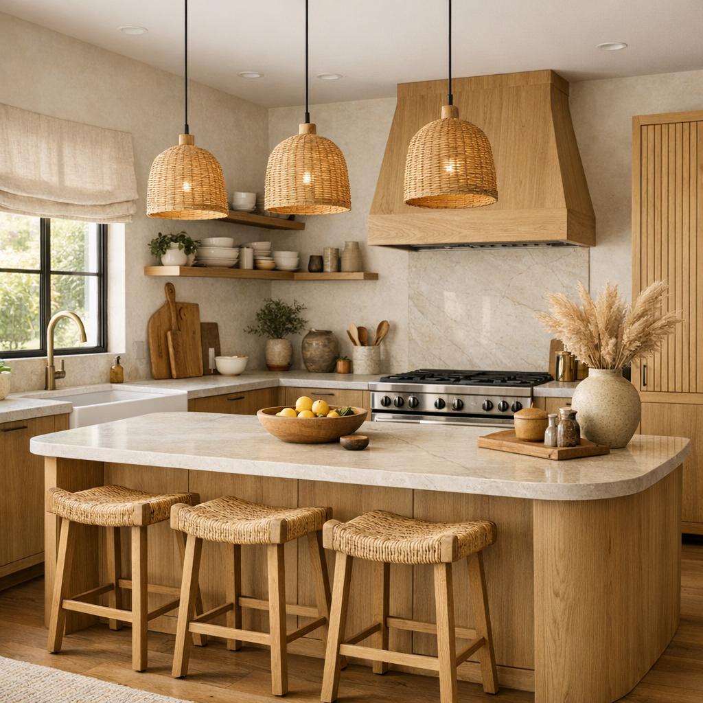 Photorealistic interior rendering of a kitchen remodel. Design style: Organic Modern. The space should feel...