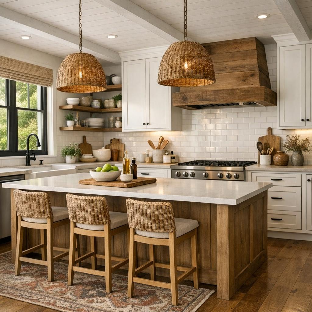 Photorealistic interior rendering of a kitchen remodel. Design style: Modern Farmhouse. The space should fe...