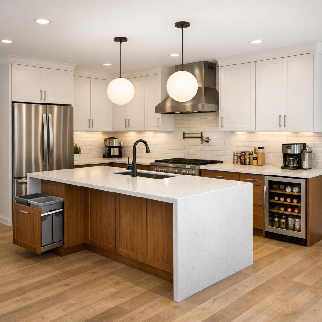 Photorealistic interior rendering of a kitchen remodel in Modern style. Recessed ceiling lighting plus two matching simple geometric pendants, identical in size, in a pure cylinder or sphere form, centered over the island and evenly spaced in a line parallel to it - no decorative chandeliers, no rattan, no lanterns. Flat-panel slab cabinets in white or walnut with frameless construction and bar pulls, low-vein quartz countertops, a continuous slab backsplash matching the counter, a waterfall-edge island, light wood or concrete-look flooring, matte black or brushed nickel hardware; matte uniform surfaces, tight reveals, no ornamentation. Stock or semi-custom cabinetry, entry-grade quartz or laminate countertops, standard ceramic or subway tile, builder-grade faucet and fixtures, basic hardware, LVP flooring - clean and simple, modest and budget-appropriate, not premium or luxury. Color direction: Light and neutral. The space should feel Warm and cozy. Current condition: Outdated - show a realistic remodel of this starting point. Focus the remodel on these elements only: Cabinets, Countertops, Backsplash, Flooring, Lighting, Trim and molding, Paint, Plumbing fixtures, Vanity and countertop, Toilet, Fixtures, Lighting, Mirror, Linen storage, Paint, Trim and molding. Use the homeowner's selected materials, which take priority over the style defaults above - cabinets: Shaker, Flat Panel, Glass Front; countertops: White Quartz; backsplash: Subway Tile; flooring: Light Hardwood, Dark Hardwood; hardware and fixture finish: Matte Black, Brushed Nickel, Brushed Brass. Include these features in the scene where they fit naturally: Island, Pantry, Pot Filler, Beverage Center, Under-cabinet Lighting, Trash/Recycle Pullout, Spice Rack Pullout, Pro-Style Range Hood. Keep these existing items in place rather than replacing them: Appliances, Structural walls. Warm 2700K-3000K lighting, natural daylight from windows, realistic materials, no people, 16:9 aspect ratio, professional architectural photography.