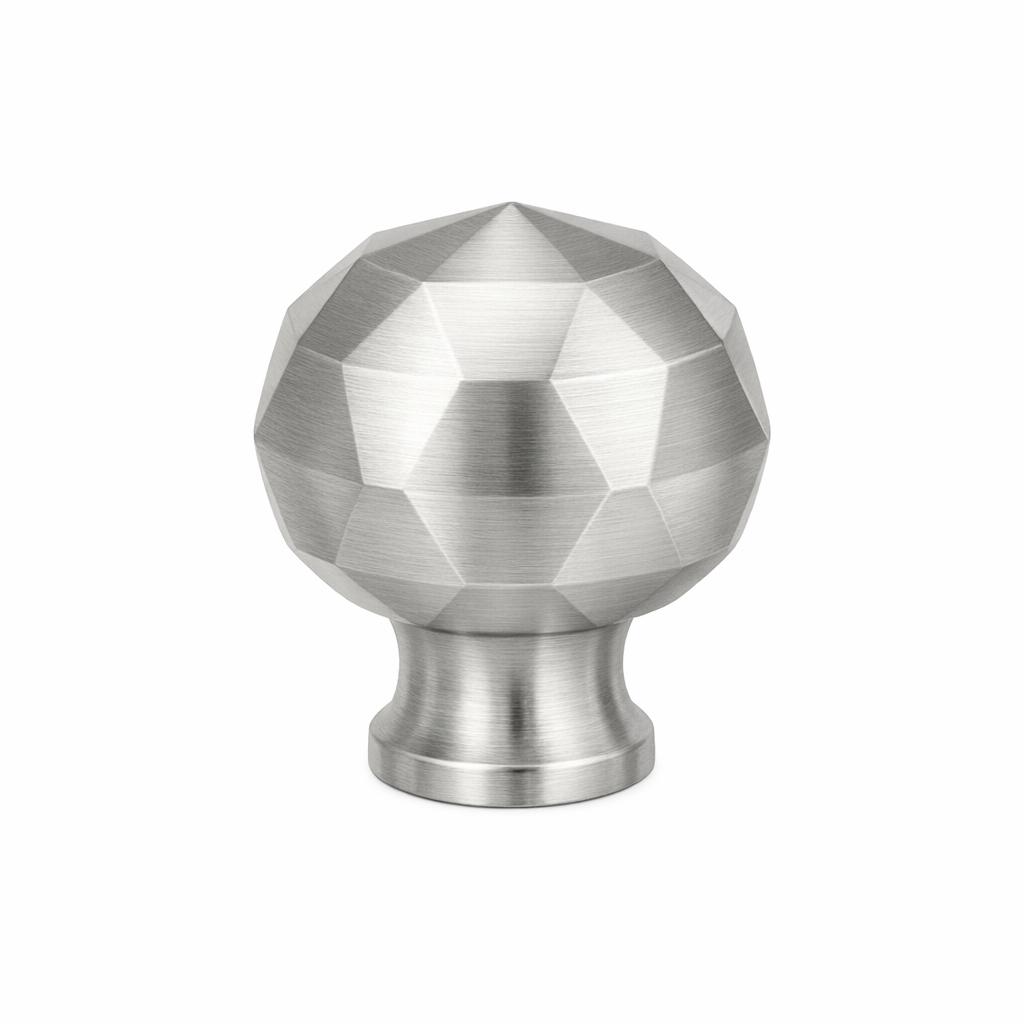Professional studio product photograph. Single Faceted Round Knob cabinet knob. Brushed Nickel metal finish...