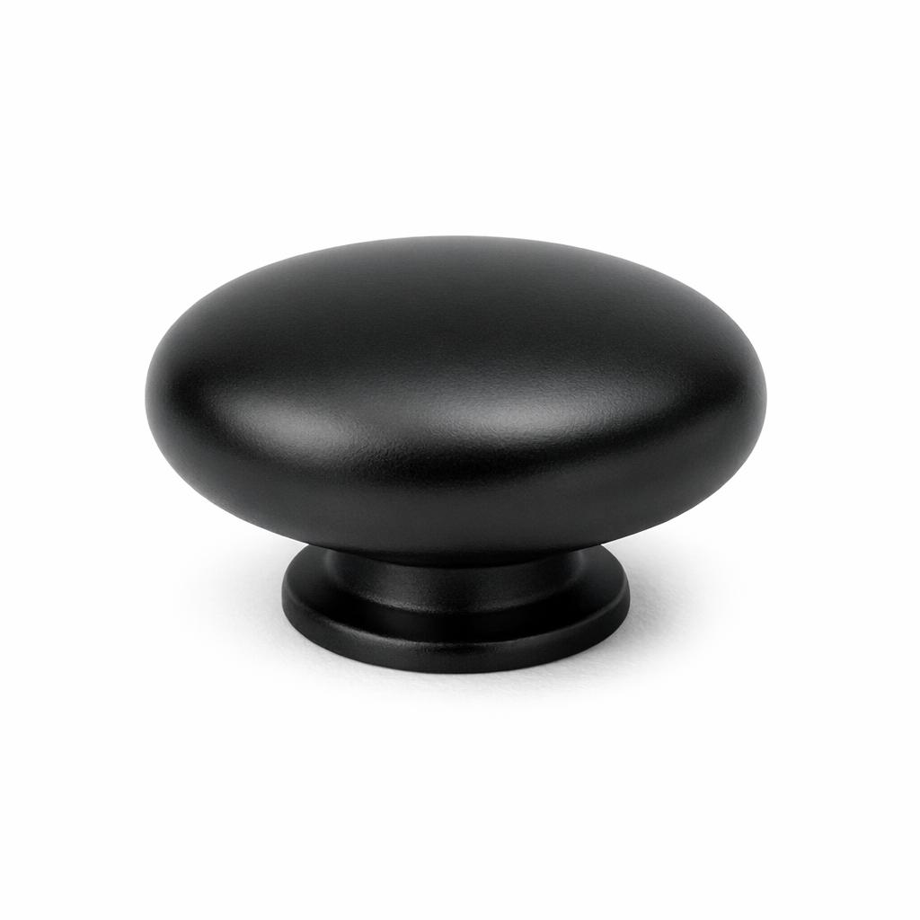 Commercial product photograph. A single residential cabinet knob. Smooth surface texture. Round Knob shape....
