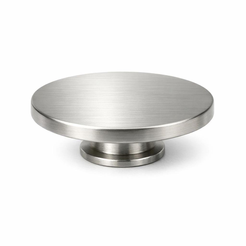 Commercial product photograph. A single residential cabinet knob. Smooth surface texture. Round Knob shape. Brushed Nickel metal finish. Small circular base plate, single mounting post, approximately 1-1/4 inch diameter. Photographed on pure white seamless background (#FFFFFF). Studio softbox lighting, soft shadow directly underneath only. Macro lens, sharp focus throughout. Photorealistic real metal hardware. Not a 3D render. Not an illustration. Not CGI. Real cabinet hardware product photography quality. Variation 7: Rustic Modern style cabinet knob: wide flat disc shape, very low profile, large diameter flat circular disc with minimal height, thin base ring. Contemporary style. Smooth surface, no texture, no ribbing, no decorative details..