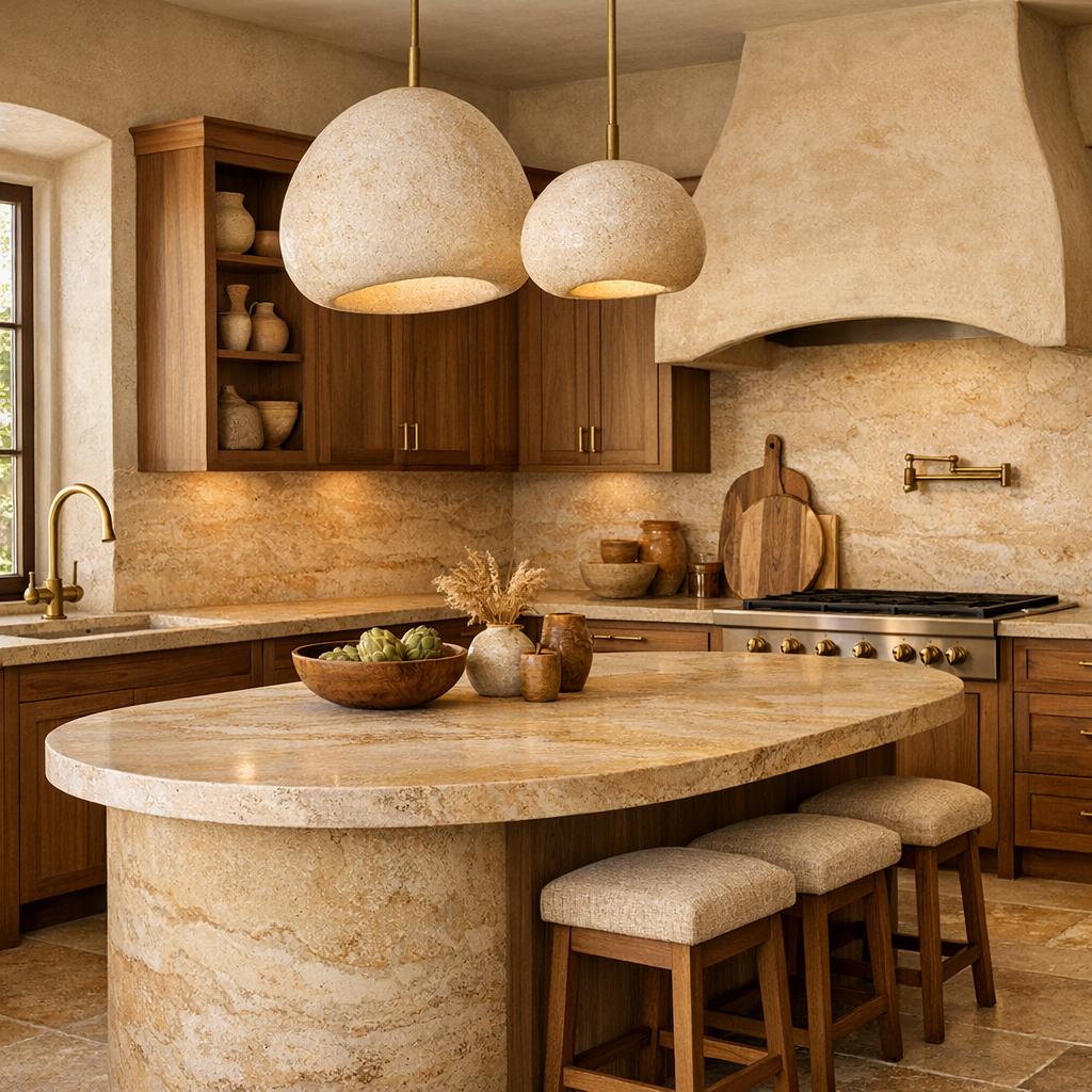 Photorealistic interior rendering of a kitchen remodel in Organic Modern style. One or two sculptural plast...