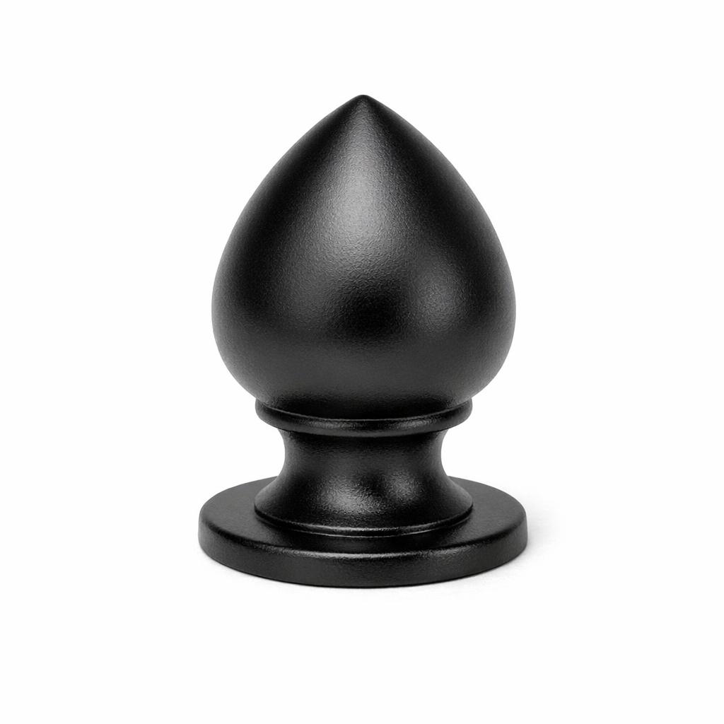 Commercial product photograph. A single residential cabinet knob. Smooth surface texture. Round Knob shape. Matte Black metal finish. Small circular base plate, single mounting post, approximately 1-1/4 inch diameter. Photographed on pure white seamless background (#FFFFFF). Studio softbox lighting, soft shadow directly underneath only. Macro lens, sharp focus throughout. Photorealistic real metal hardware. Not a 3D render. Not an illustration. Not CGI. Real cabinet hardware product photography quality. Variation 10: Acorn knob: acorn shape, rounded pointed top, wider middle, narrow neck, wide base ring. Traditional craftsman style..