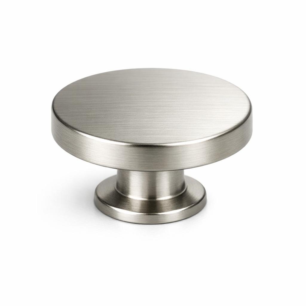 Commercial product photograph. A single residential cabinet knob. Smooth surface texture. Round Knob shape. Brushed Nickel metal finish. Small circular base plate, single mounting post, approximately 1-1/4 inch diameter. Photographed on pure white seamless background (#FFFFFF). Studio softbox lighting, soft shadow directly underneath only. Macro lens, sharp focus throughout. Photorealistic real metal hardware. Not a 3D render. Not an illustration. Not CGI. Real cabinet hardware product photography quality. Variation 2: Paxton style cabinet knob: flat-fronted round knob, very low profile top, thin short neck, minimal circular base. Transitional style. Smooth surface, no texture, no ribbing, no decorative details..