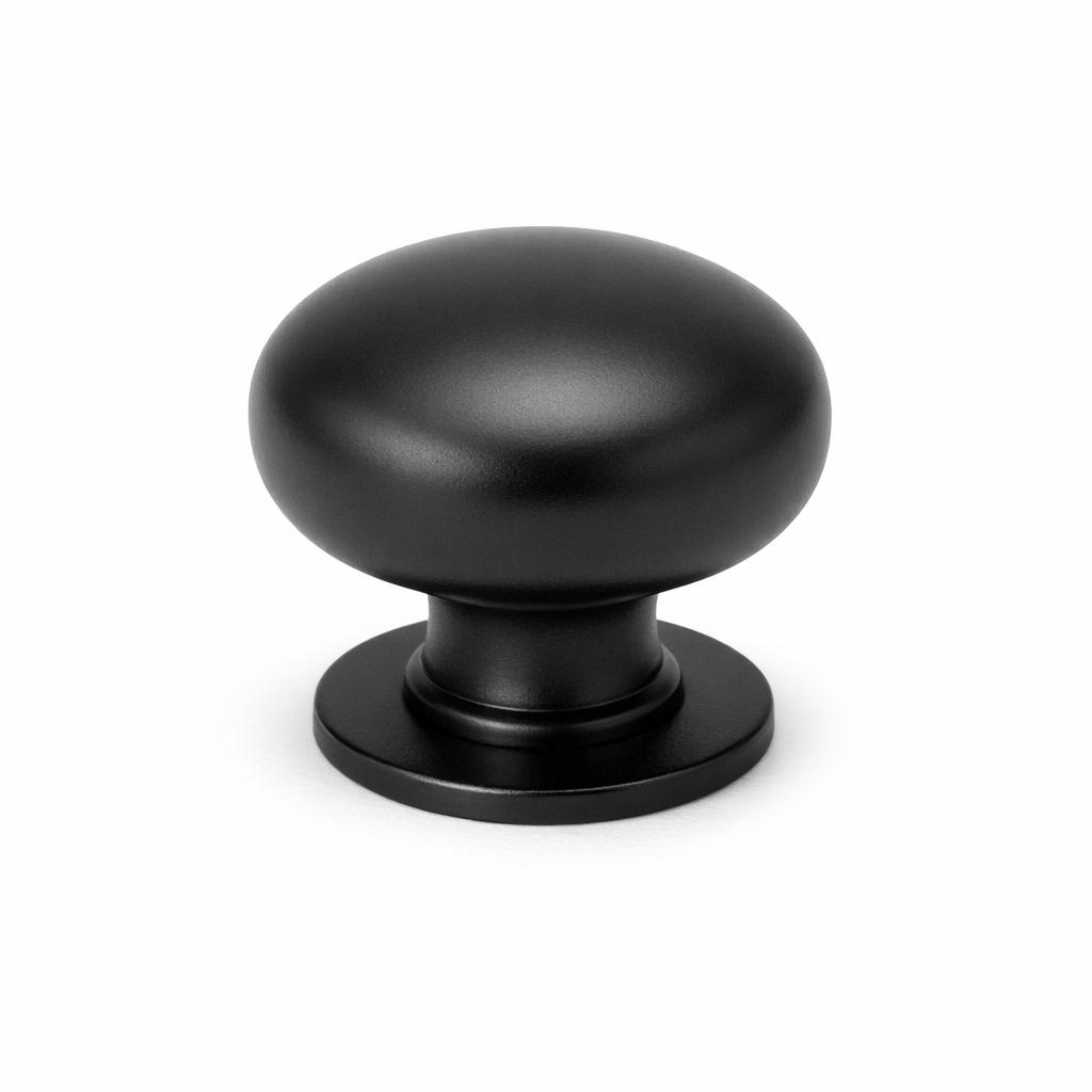 Commercial product photograph. A single residential cabinet knob. Smooth surface texture. Round Knob shape. Matte Black 