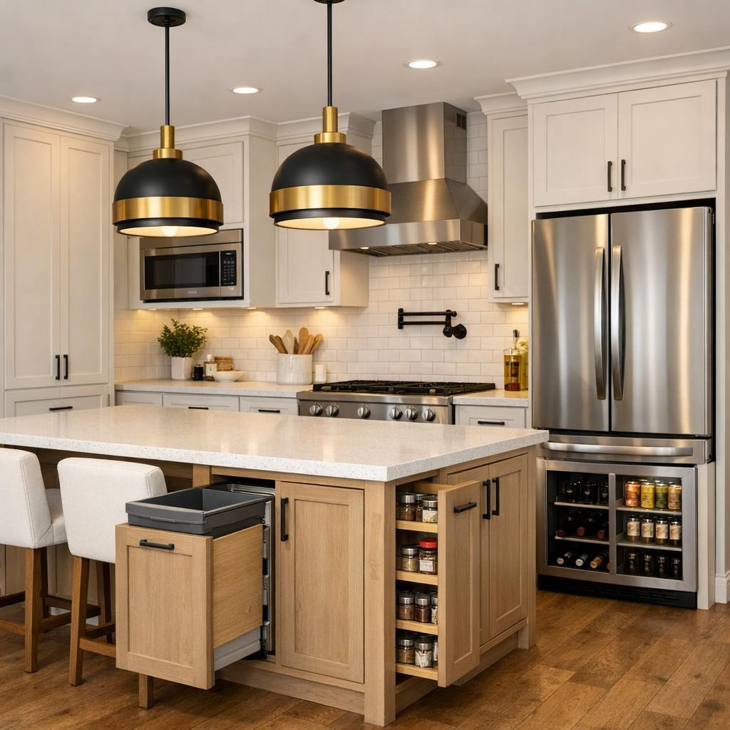 Photorealistic interior rendering of a kitchen remodel in Contemporary style. Two matching statement pendants, identical in size, centered over the island and evenly spaced in a line parallel to it, in a mixed-metal finish - brushed brass with matte black together. Simple-profile cabinets in warm white, greige, or natural wood, warm-veined quartz countertops, large-format or textured tile backsplash, mixed-metal hardware, medium-to-warm wood flooring; warm and current, no cool gray, no single all-matching metal. Stock or semi-custom cabinetry, entry-grade quartz or laminate countertops, standard ceramic or subway tile, builder-grade faucet and fixtures, basic hardware, LVP flooring - clean and simple, modest and budget-appropriate, not premium or luxury. Color direction: Light and neutral. The space should feel Warm and cozy. Current condition: Outdated - show a realistic remodel of this starting point. Focus the remodel on these elements only: Cabinets, Countertops, Backsplash, Flooring, Lighting, Trim and molding, Paint, Plumbing fixtures, Vanity and countertop, Toilet, Fixtures, Lighting, Mirror, Linen storage, Paint, Trim and molding. Use the homeowner's selected materials, which take priority over the style defaults above - cabinets: Shaker, Flat Panel, Glass Front; countertops: White Quartz; backsplash: Subway Tile; flooring: Light Hardwood, Dark Hardwood; hardware and fixture finish: Matte Black, Brushed Nickel, Brushed Brass. Include these features in the scene where they fit naturally: Island, Pantry, Pot Filler, Beverage Center, Under-cabinet Lighting, Trash/Recycle Pullout, Spice Rack Pullout, Pro-Style Range Hood. Keep these existing items in place rather than replacing them: Appliances, Structural walls. Warm 2700K-3000K lighting, natural daylight from windows, realistic materials, no people, 16:9 aspect ratio, professional architectural photography.