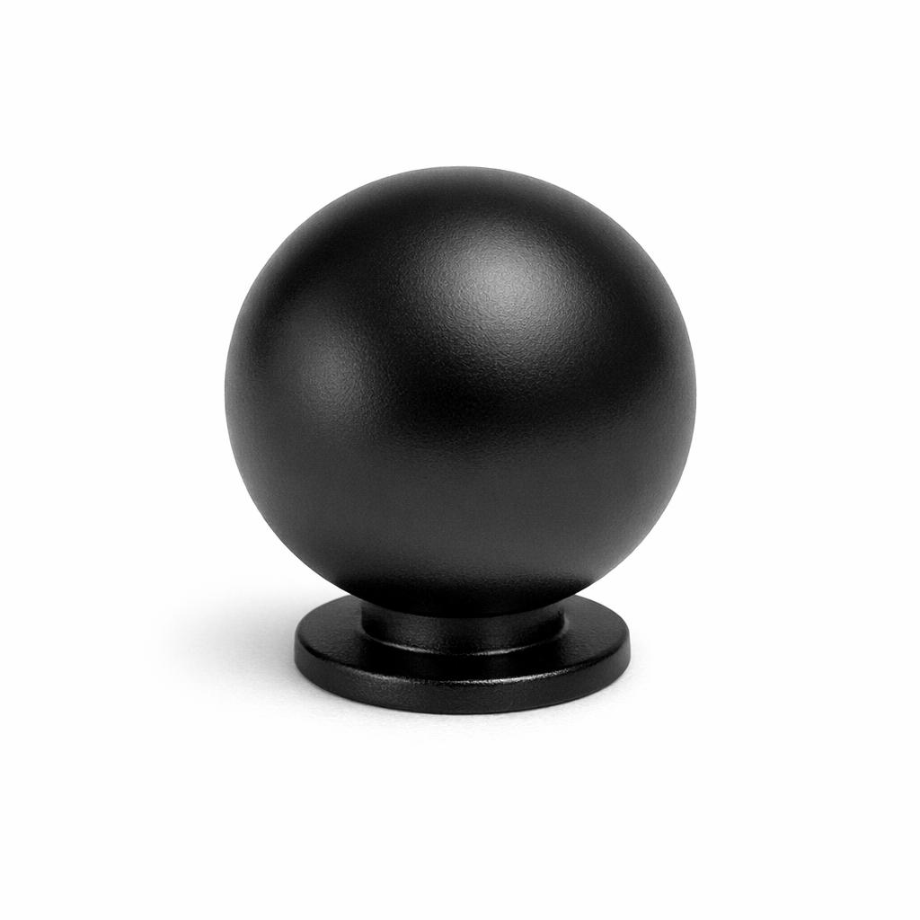 Commercial product photograph. A single residential cabinet knob. Smooth surface texture. Round Knob shape. Matte Black metal finish. Small circular base plate, single mounting post, approximately 1-1/4 inch diameter. Photographed on pure white seamless background (#FFFFFF). Studio softbox lighting, soft shadow directly underneath only. Macro lens, sharp focus throughout. Photorealistic real metal hardware. Not a 3D render. Not an illustration. Not CGI. Real cabinet hardware product photography quality. Variation 3: Globe style cabinet knob: a perfect solid sphere, full round ball shape, attached to a small narrow base ring underneath. Smooth surface, no texture, no ribbing, no decorative details..