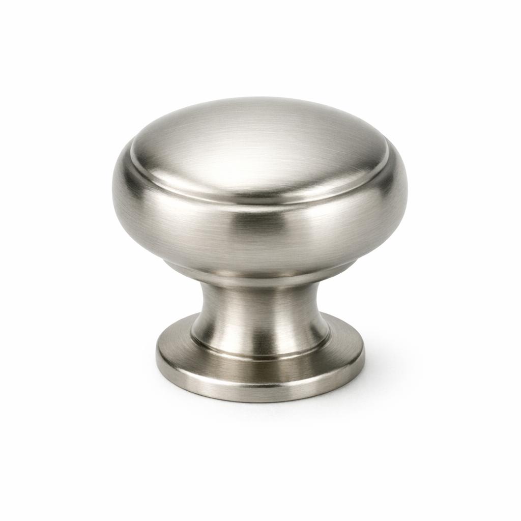 Commercial product photograph. A single residential cabinet knob. Smooth surface texture. Round Knob shape....