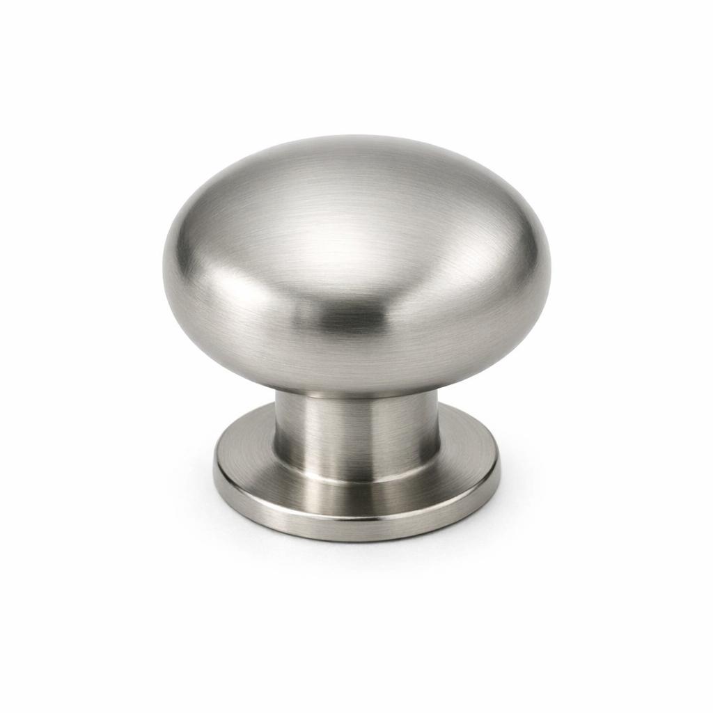 Commercial product photograph. A single residential cabinet knob. Smooth surface texture. Round Knob shape....