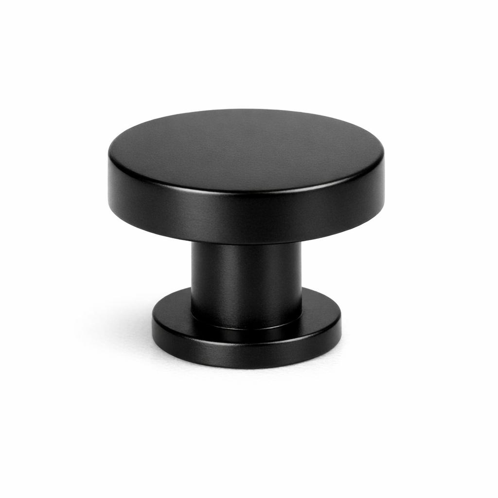 Commercial product photograph. A single residential cabinet knob. Smooth surface texture. Round Knob shape. Matte Black 