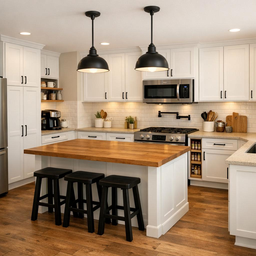 Photorealistic interior rendering of a kitchen remodel in Modern Farmhouse style. Two matching matte black schoolhouse pendants, identical in size, centered over the island and evenly spaced in a line parallel to it; crisp white shaker cabinets with matte black as the defining accent - no rattan or woven shades. Warm-tone quartz countertops with a butcher-block island, white subway or zellige tile backsplash, matte black hardware and faucet, warm-tone wide-plank hardwood flooring; warm and lived-in but clean, matte finishes, no high gloss. Stock or semi-custom cabinetry, entry-grade quartz or laminate countertops, standard ceramic or subway tile, builder-grade faucet and fixtures, basic hardware, LVP flooring - clean and simple, modest and budget-appropriate, not premium or luxury. Color direction: Warm earth tones. The space should feel Bright and airy. Current condition: Outdated - show a realistic remodel of this starting point. Focus the remodel on these elements only: Cabinets, Countertops, Backsplash, Flooring, Lighting, Trim and molding, Paint, Plumbing fixtures, Vanity and countertop, Toilet, Fixtures, Lighting, Mirror, Paint, Trim and molding. Include these features in the scene where they fit naturally: Island, Pantry, Coffee Bar, Pot Filler, Spice Rack Pullout. Keep these existing items in place rather than replacing them: Appliances, Structural walls. Warm 2700K-3000K lighting, natural daylight from windows, realistic materials, no people, 16:9 aspect ratio, professional architectural photography.