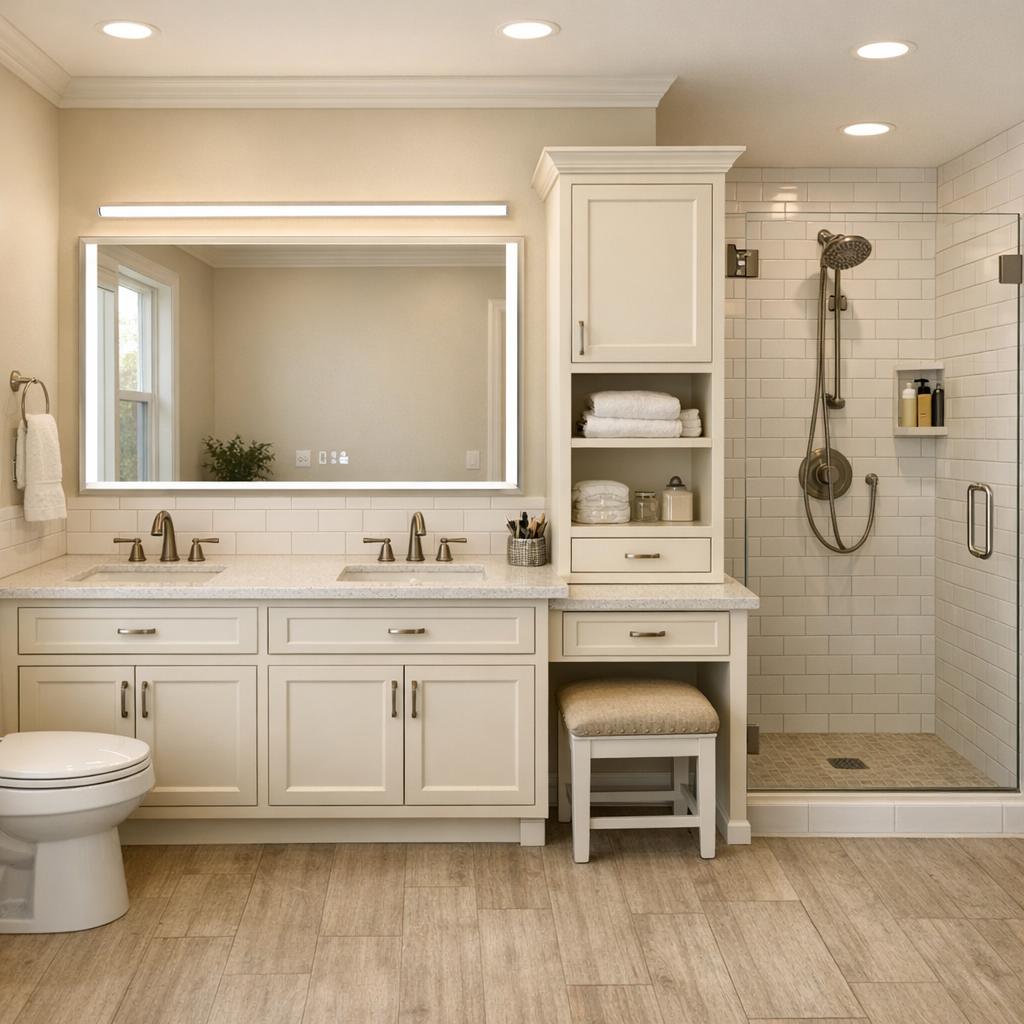 Photorealistic interior rendering of a bathroom remodel in Modern style. A minimal linear LED bar centered above the mirror, or two matching simple geometric sconces evenly flanking it, with recessed ceiling lighting - no decorative fixtures. Flat-panel slab floating vanity in white or walnut, low-vein quartz top with an integrated or undermount sink, large-format porcelain or slab shower surround with frameless glass, matte black or brushed nickel fixtures, large-format porcelain or concrete-look flooring, frameless rectangular mirror; matte uniform surfaces, tight reveals, no ornamentation. Stock or prefabricated vanity with a cultured-marble or laminate top, a prefab shower/tub surround or ceramic-tile shower, ceramic tile or LVP flooring, builder-grade faucet and fixtures, basic hardware, a framed mirror - clean and simple, modest and budget-appropriate, not premium or luxury. Color direction: Light and neutral. The space should feel Warm and cozy. Current condition: Outdated - show a realistic remodel of this starting point. Focus the remodel on these elements only: Cabinets, Countertops, Backsplash, Flooring, Lighting, Trim and molding, Paint, Plumbing fixtures, Vanity and countertop, Toilet, Fixtures, Lighting, Mirror, Linen storage, Paint, Trim and molding. Use the homeowner's selected materials, which take priority over the style defaults above - vanity: Built-in Traditional, Furniture Style, Double Vanity; wall and shower tile: Subway; fixture finish: Matte Black, Brushed Nickel, Brushed Brass. Include these features in the scene where they fit naturally: Double Vanity, Walk-in Shower, Smart Mirror, Linen Tower, Makeup Station. Keep these existing items in place rather than replacing them: Appliances, Structural walls. Warm 2700K-3000K lighting, natural daylight from windows, realistic materials, no people, 16:9 aspect ratio, professional architectural photography.