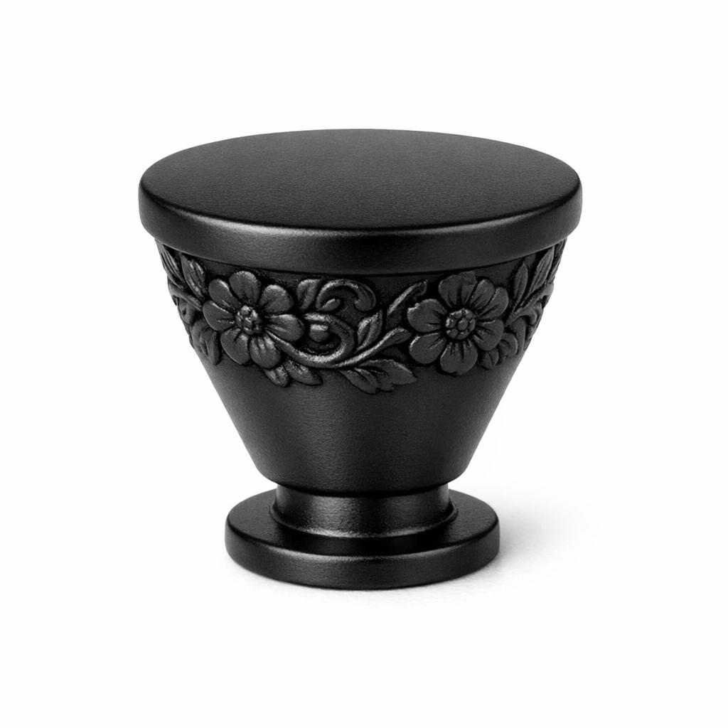 Commercial product photograph. A single residential cabinet knob. Floral surface texture. Round Knob shape....