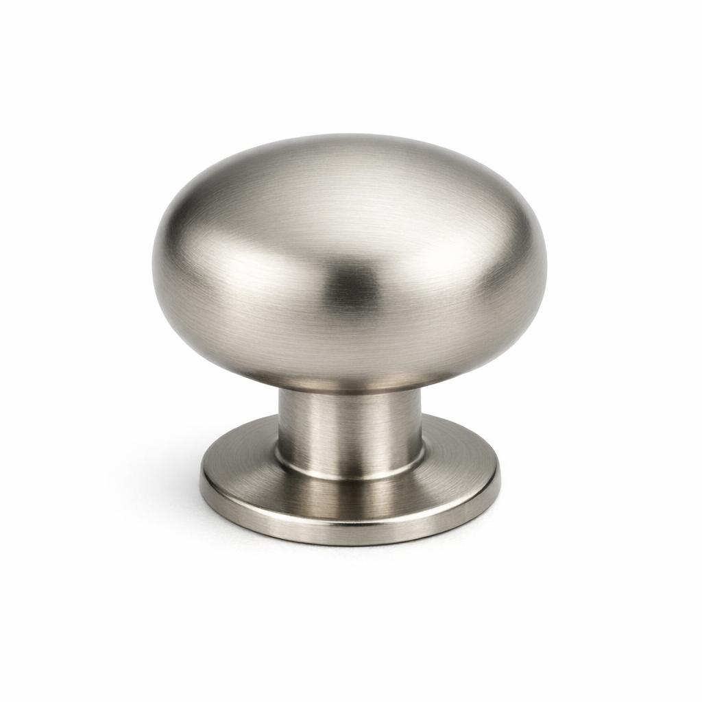 Commercial product photograph. A single residential cabinet knob. Smooth surface texture. Round Knob shape. Brushed Nickel metal finish. Small circular base plate, single mounting post, approximately 1-1/4 inch diameter. Photographed on pure white seamless background (#FFFFFF). Studio softbox lighting, soft shadow directly underneath only. Macro lens, sharp focus throughout. Photorealistic real metal hardware. Not a 3D render. Not an illustration. Not CGI. Real cabinet hardware product photography quality. Variation 6: Freestone style cabinet knob: solid clean round knob, smooth dome top, medium cylindrical neck, flat circular base plate with sharp edge. Simple transitional design. Smooth surface, no texture, no ribbing..