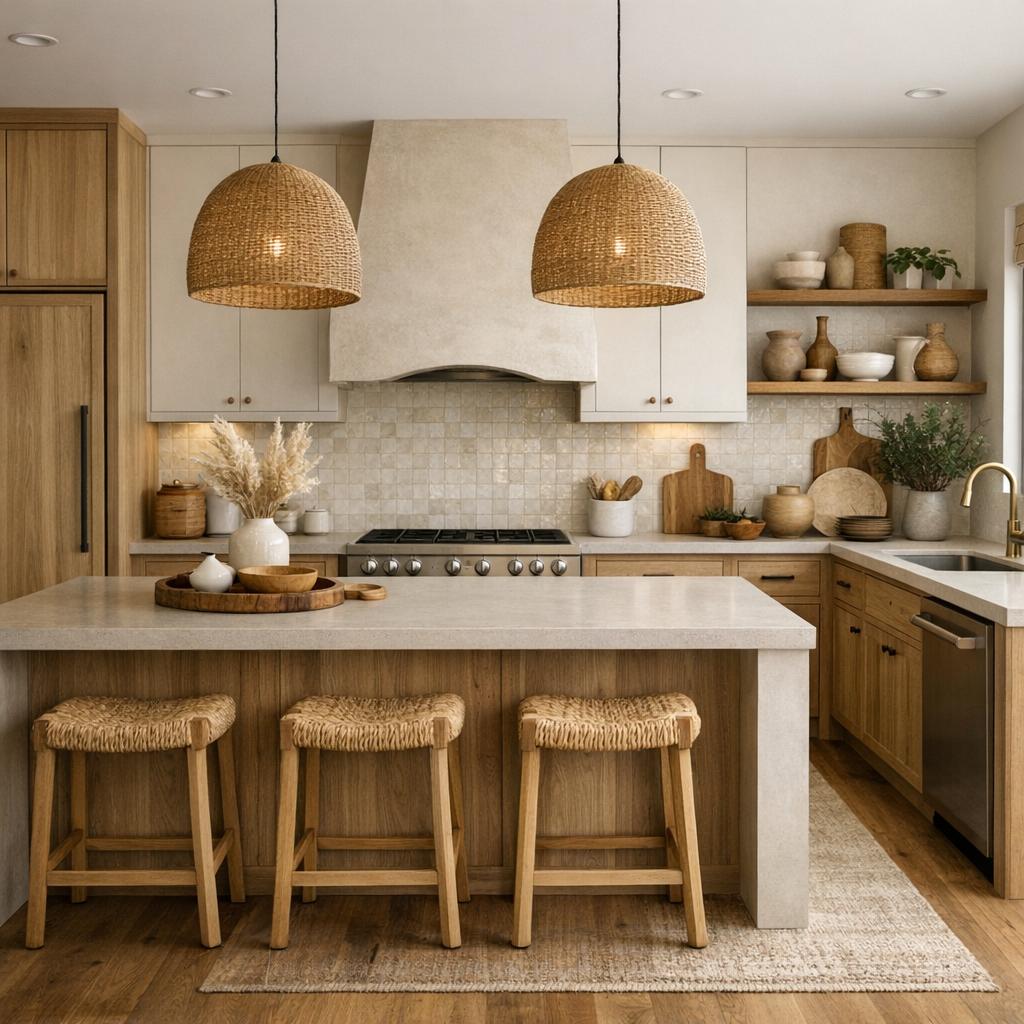Photorealistic interior rendering of a kitchen remodel. Design style: Organic Modern. The space should feel...