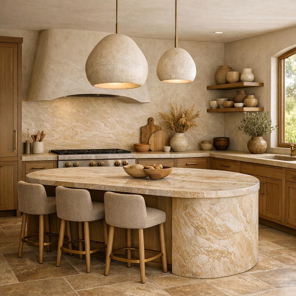 Photorealistic interior rendering of a kitchen remodel in Organic Modern style. One or two sculptural plast...