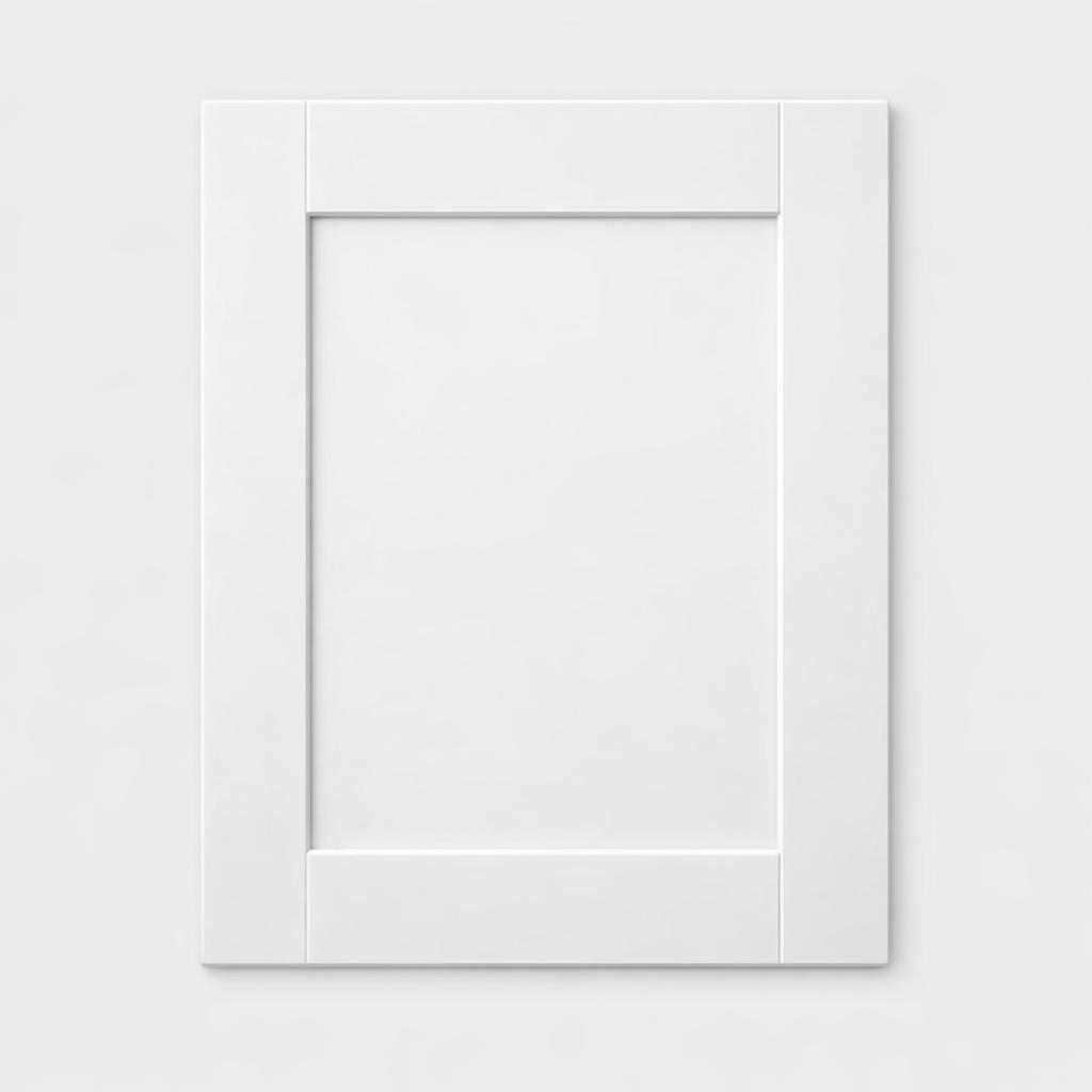 A single flat-lay product photograph of a Shaker kitchen cabinet door panel. Material: MDF. Color: White. F...