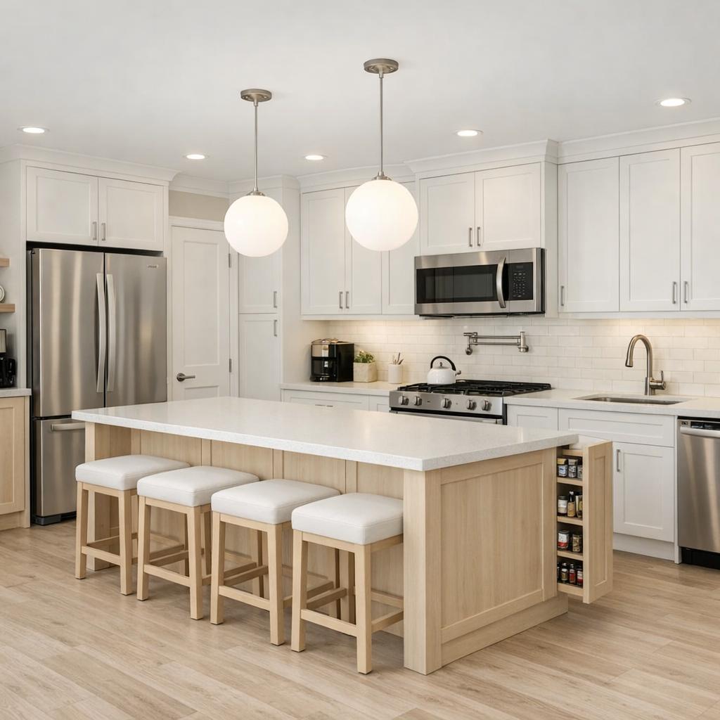Photorealistic interior rendering of a kitchen remodel in Scandinavian style. The palest and whitest of these styles, lit by two matching white globe pendants, identical in size, centered over the island and evenly spaced in a line parallel to it - no rattan or woven materials, no mismatched fixtures. Pale birch or white-oak with white cabinets and minimal hardware, light or white quartz countertops, white-on-white minimal backsplash or none, whitewashed pale wood flooring; flat matte surfaces, bright and uncluttered, no high gloss, no dark wood. Stock or semi-custom cabinetry, entry-grade quartz or laminate countertops, standard ceramic or subway tile, builder-grade faucet and fixtures, basic hardware, LVP flooring - clean and simple, modest and budget-appropriate, not premium or luxury. Color direction: Warm earth tones. The space should feel Bright and airy. Current condition: Outdated - show a realistic remodel of this starting point. Focus the remodel on these elements only: Cabinets, Countertops, Backsplash, Flooring, Lighting, Trim and molding, Paint, Plumbing fixtures, Vanity and countertop, Toilet, Fixtures, Lighting, Mirror, Paint, Trim and molding. Include these features in the scene where they fit naturally: Island, Pantry, Coffee Bar, Pot Filler, Spice Rack Pullout. Keep these existing items in place rather than replacing them: Appliances, Structural walls. Warm 2700K-3000K lighting, natural daylight from windows, realistic materials, no people, 16:9 aspect ratio, professional architectural photography.