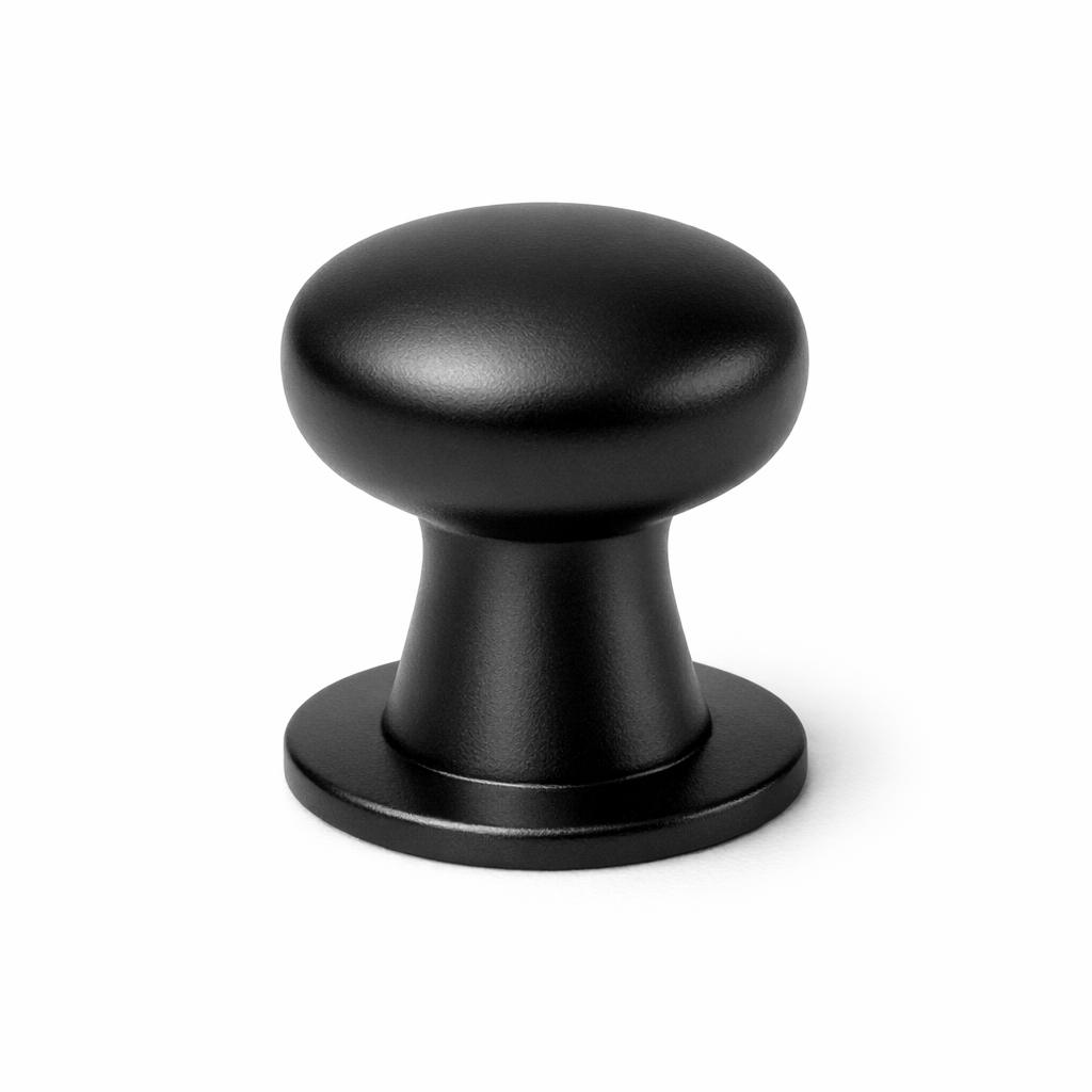 Commercial product photograph. A single residential cabinet knob. Smooth surface texture. Round Knob shape. Matte Black 