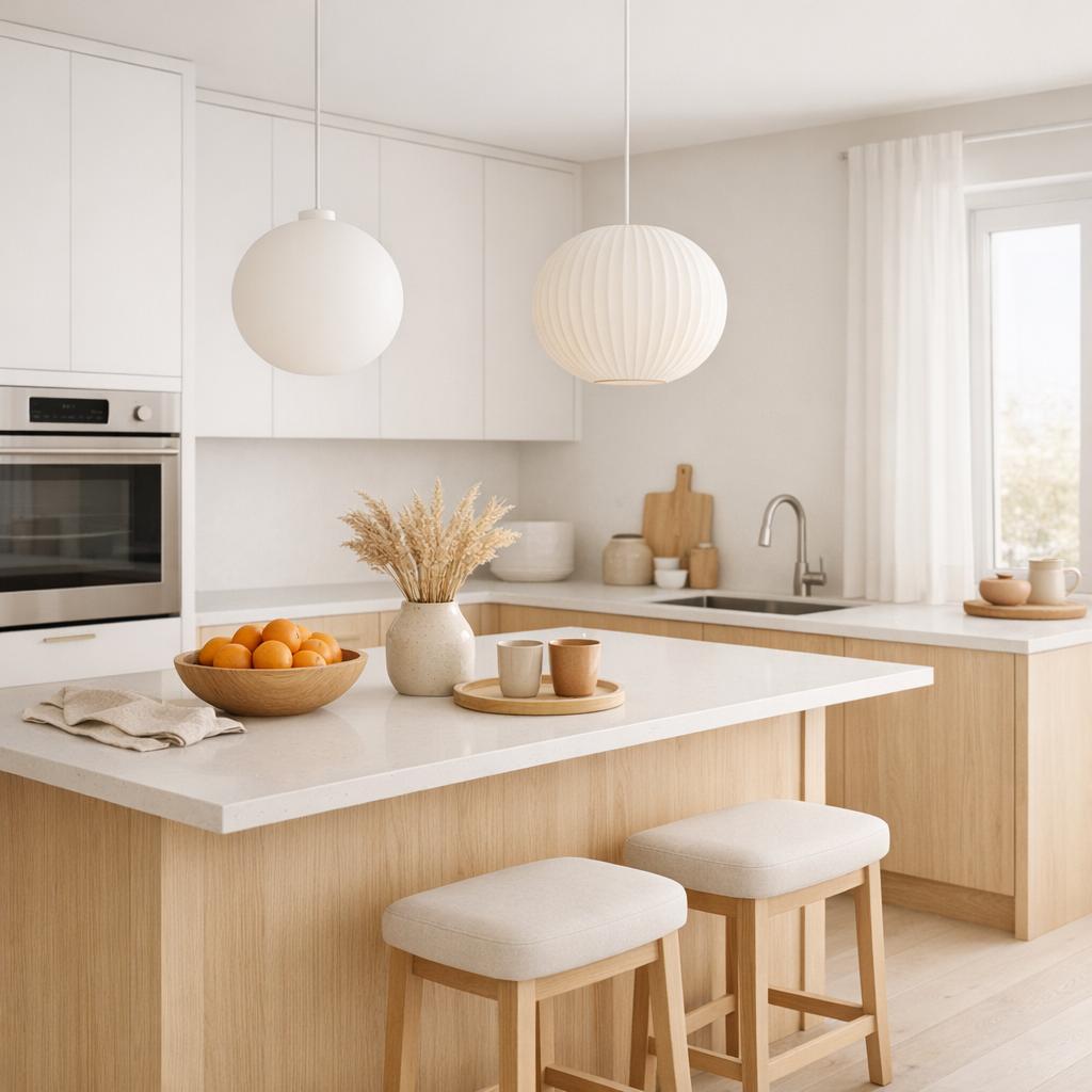 Photorealistic interior rendering of a kitchen remodel in Scandinavian style. The palest and whitest of the...