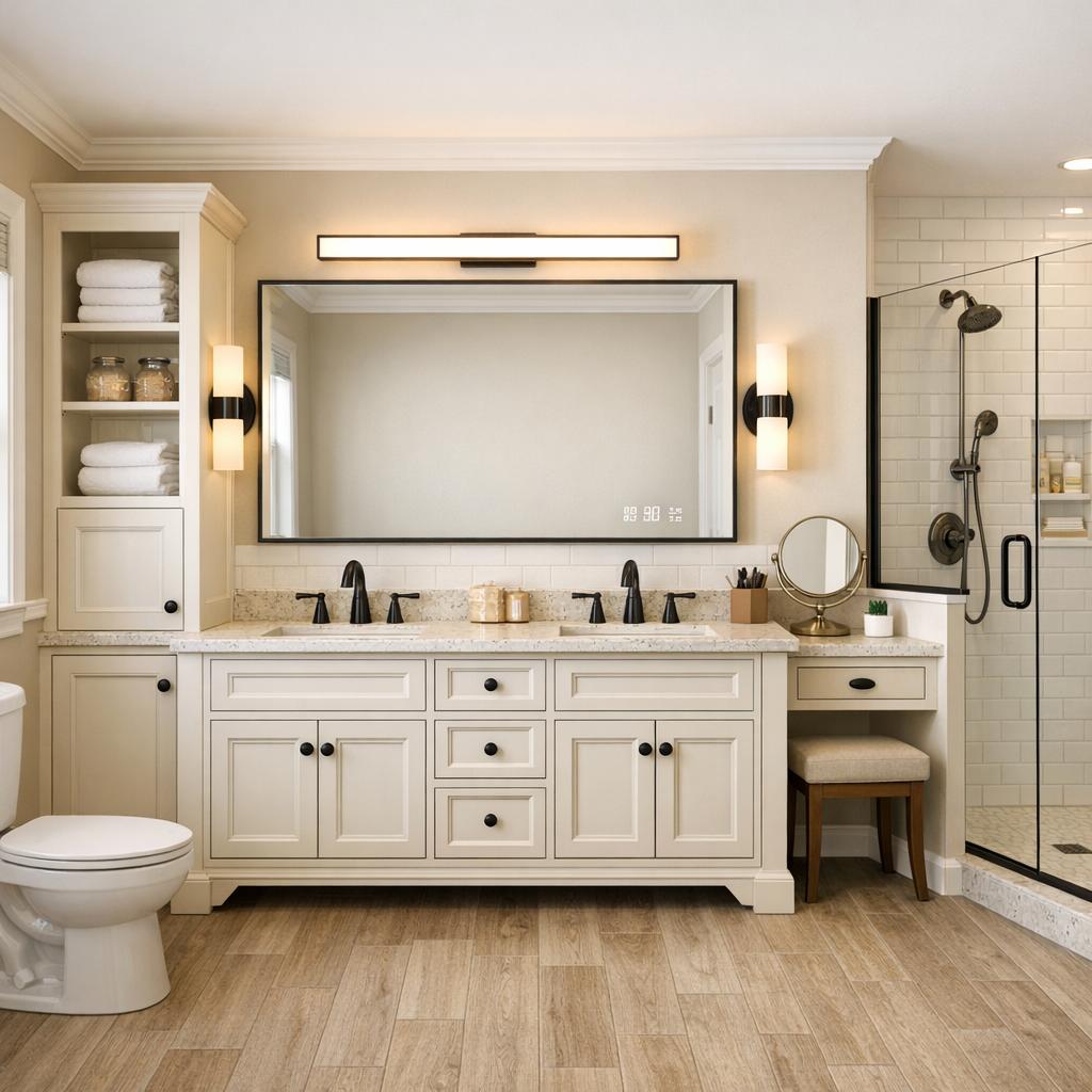 Photorealistic interior rendering of a bathroom remodel in Contemporary style. A clean linear LED vanity bar centered above the mirror, or two matching cylindrical sconces evenly flanking it, in a mixed-metal finish - brushed brass with matte black. Simple-profile vanity in warm white, greige, or natural wood, warm-veined quartz top, large-format or textured tile shower surround with frameless glass, large-format porcelain flooring, frameless or backlit mirror; warm and current, no cool gray, no single all-matching metal. Stock or prefabricated vanity with a cultured-marble or laminate top, a prefab shower/tub surround or ceramic-tile shower, ceramic tile or LVP flooring, builder-grade faucet and fixtures, basic hardware, a framed mirror - clean and simple, modest and budget-appropriate, not premium or luxury. Color direction: Light and neutral. The space should feel Warm and cozy. Current condition: Outdated - show a realistic remodel of this starting point. Focus the remodel on these elements only: Cabinets, Countertops, Backsplash, Flooring, Lighting, Trim and molding, Paint, Plumbing fixtures, Vanity and countertop, Toilet, Fixtures, Lighting, Mirror, Linen storage, Paint, Trim and molding. Use the homeowner's selected materials, which take priority over the style defaults above - vanity: Built-in Traditional, Furniture Style, Double Vanity; wall and shower tile: Subway; fixture finish: Matte Black, Brushed Nickel, Brushed Brass. Include these features in the scene where they fit naturally: Double Vanity, Walk-in Shower, Smart Mirror, Linen Tower, Makeup Station. Keep these existing items in place rather than replacing them: Appliances, Structural walls. Warm 2700K-3000K lighting, natural daylight from windows, realistic materials, no people, 16:9 aspect ratio, professional architectural photography.