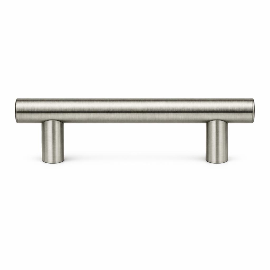 A single product photograph of a Bar Pull kitchen cabinet pull in Brushed Nickel finish. Shot straight-on against a pure