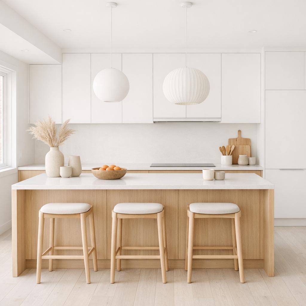 Photorealistic interior rendering of a kitchen remodel in Scandinavian style. The palest and whitest of the...