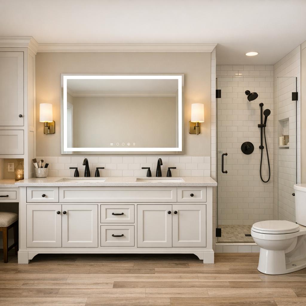 Photorealistic interior rendering of a bathroom remodel in Transitional style. Two matching understated sconces evenly flanking the mirror; white or greige shaker vanity in a balanced neutral palette with brushed nickel or satin brass fixtures. Marble-look quartz top with an undermount sink, white subway tile shower surround with a glass door, hex or wood-look porcelain tile flooring, framed mirror; the calm middle ground, uncluttered, nothing bold. Stock or prefabricated vanity with a cultured-marble or laminate top, a prefab shower/tub surround or ceramic-tile shower, ceramic tile or LVP flooring, builder-grade faucet and fixtures, basic hardware, a framed mirror - clean and simple, modest and budget-appropriate, not premium or luxury. Color direction: Light and neutral. The space should feel Warm and cozy. Current condition: Outdated - show a realistic remodel of this starting point. Focus the remodel on these elements only: Cabinets, Countertops, Backsplash, Flooring, Lighting, Trim and molding, Paint, Plumbing fixtures, Vanity and countertop, Toilet, Fixtures, Lighting, Mirror, Linen storage, Paint, Trim and molding. Use the homeowner's selected materials, which take priority over the style defaults above - vanity: Built-in Traditional, Furniture Style, Double Vanity; wall and shower tile: Subway; fixture finish: Matte Black, Brushed Nickel, Brushed Brass. Include these features in the scene where they fit naturally: Double Vanity, Walk-in Shower, Smart Mirror, Linen Tower, Makeup Station. Keep these existing items in place rather than replacing them: Appliances, Structural walls. Warm 2700K-3000K lighting, natural daylight from windows, realistic materials, no people, 16:9 aspect ratio, professional architectural photography.