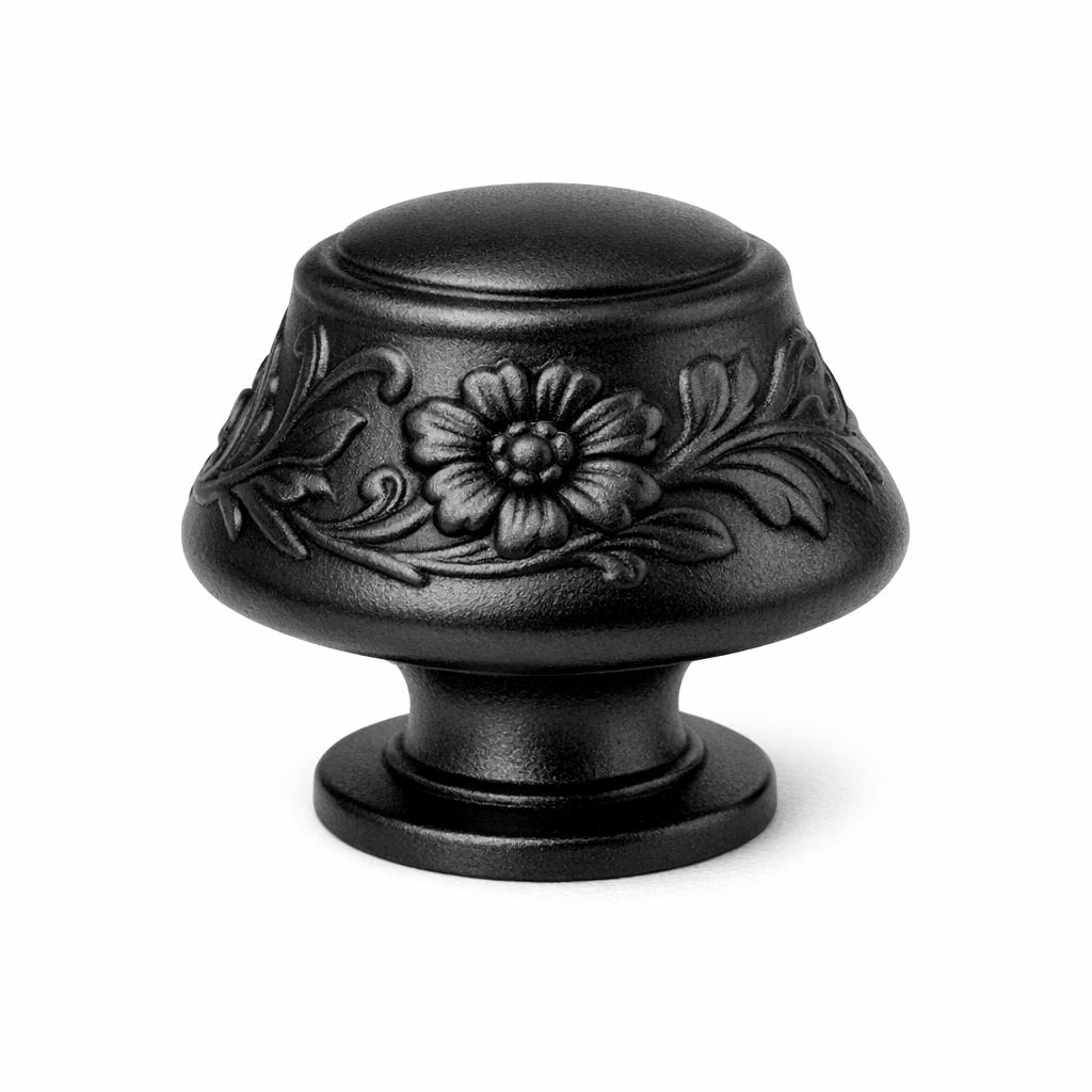 Commercial product photograph. A single residential cabinet knob. Floral surface texture. Round Knob shape....