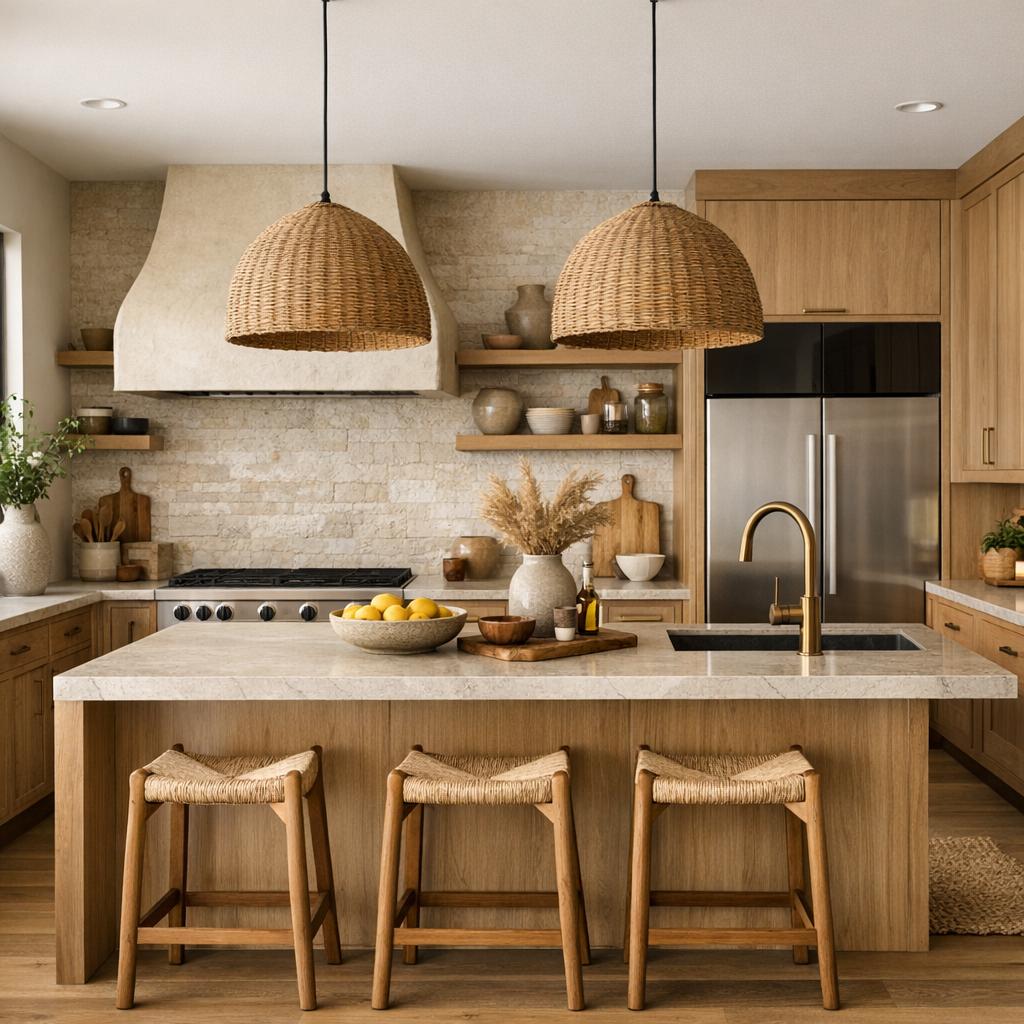 Photorealistic interior rendering of a kitchen remodel. Design style: Organic Modern. The space should feel...