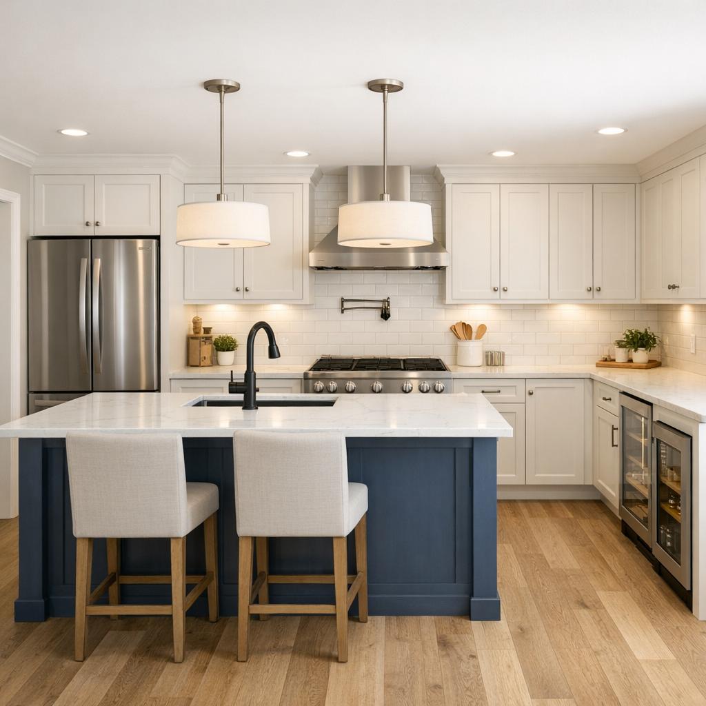 Photorealistic interior rendering of a kitchen remodel in Transitional style. Two matching understated pendants, identical in size, centered over the island and evenly spaced in a line parallel to it (simple drum or seeded glass), with simple flush ceiling fixtures elsewhere; white or greige shaker cabinets in a balanced neutral palette with brushed nickel or satin brass hardware. Marble-look quartz countertops with soft veining, white subway tile backsplash, medium-tone hardwood flooring, optional soft navy or wood accent island; the calm middle ground, nothing bold or stark. Stock or semi-custom cabinetry, entry-grade quartz or laminate countertops, standard ceramic or subway tile, builder-grade faucet and fixtures, basic hardware, LVP flooring - clean and simple, modest and budget-appropriate, not premium or luxury. Color direction: Light and neutral. The space should feel Warm and cozy. Current condition: Outdated - show a realistic remodel of this starting point. Focus the remodel on these elements only: Cabinets, Countertops, Backsplash, Flooring, Lighting, Trim and molding, Paint, Plumbing fixtures, Vanity and countertop, Toilet, Fixtures, Lighting, Mirror, Linen storage, Paint, Trim and molding. Use the homeowner's selected materials, which take priority over the style defaults above - cabinets: Shaker, Flat Panel, Glass Front; countertops: White Quartz; backsplash: Subway Tile; flooring: Light Hardwood, Dark Hardwood; hardware and fixture finish: Matte Black, Brushed Nickel, Brushed Brass. Include these features in the scene where they fit naturally: Island, Pantry, Pot Filler, Beverage Center, Under-cabinet Lighting, Trash/Recycle Pullout, Spice Rack Pullout, Pro-Style Range Hood. Keep these existing items in place rather than replacing them: Appliances, Structural walls. Warm 2700K-3000K lighting, natural daylight from windows, realistic materials, no people, 16:9 aspect ratio, professional architectural photography.