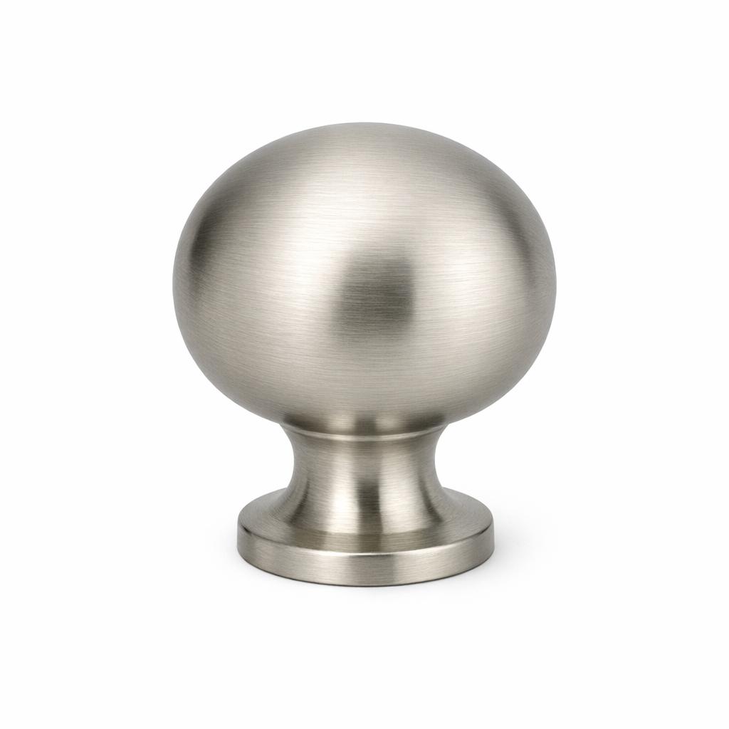 A single product photograph of a Smooth Round Knob cabinet knob in Brushed Nickel finish. Shot straight-on ...