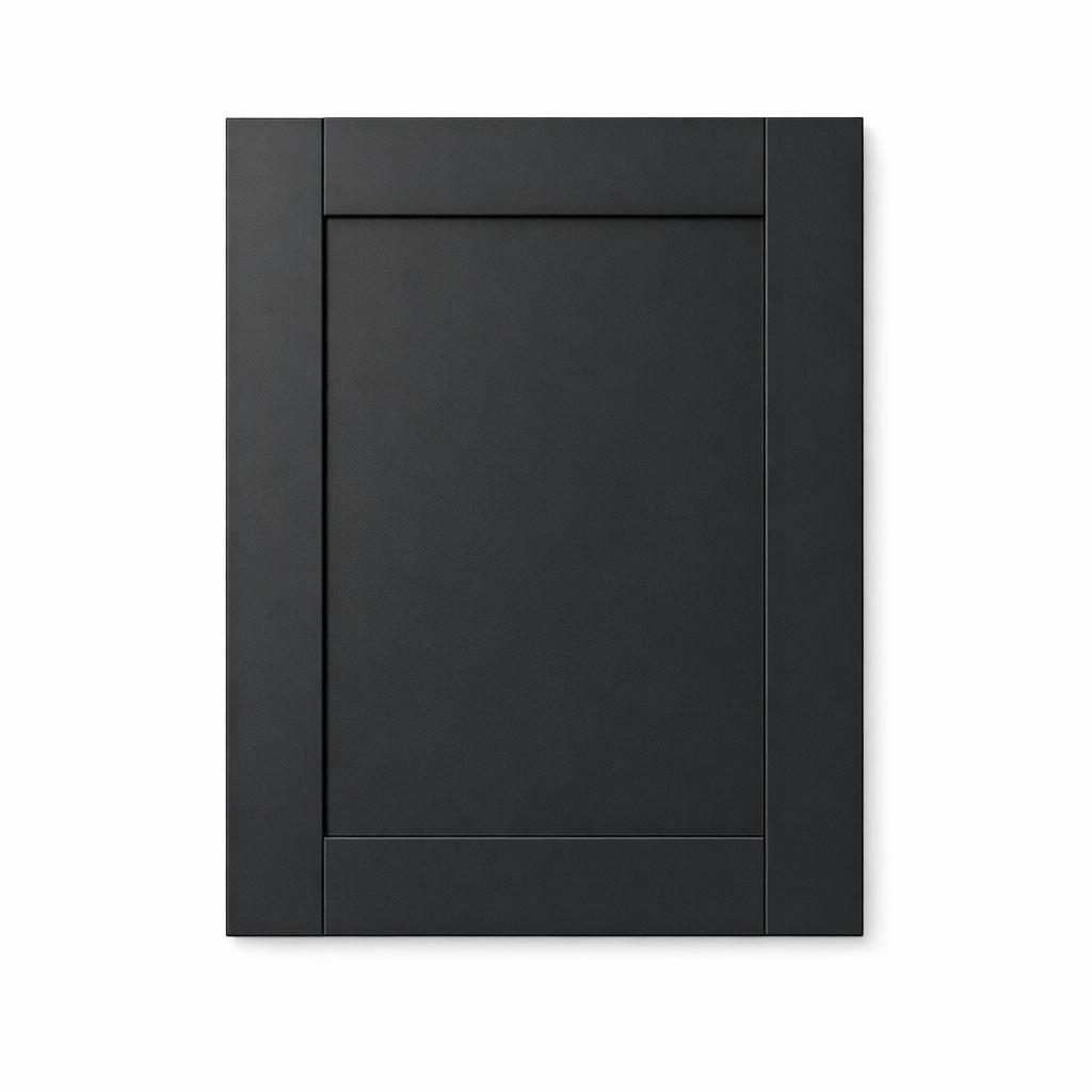 A single flat-lay product photograph of a Shaker kitchen cabinet door panel. Material: MDF. Color: Black. F...