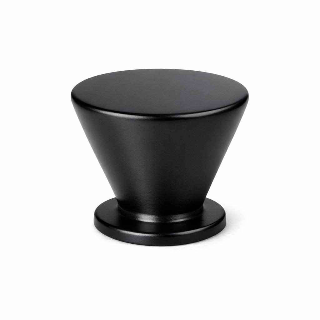 Commercial product photograph. A single residential cabinet knob. Smooth surface texture. Round Knob shape. Matte Black 