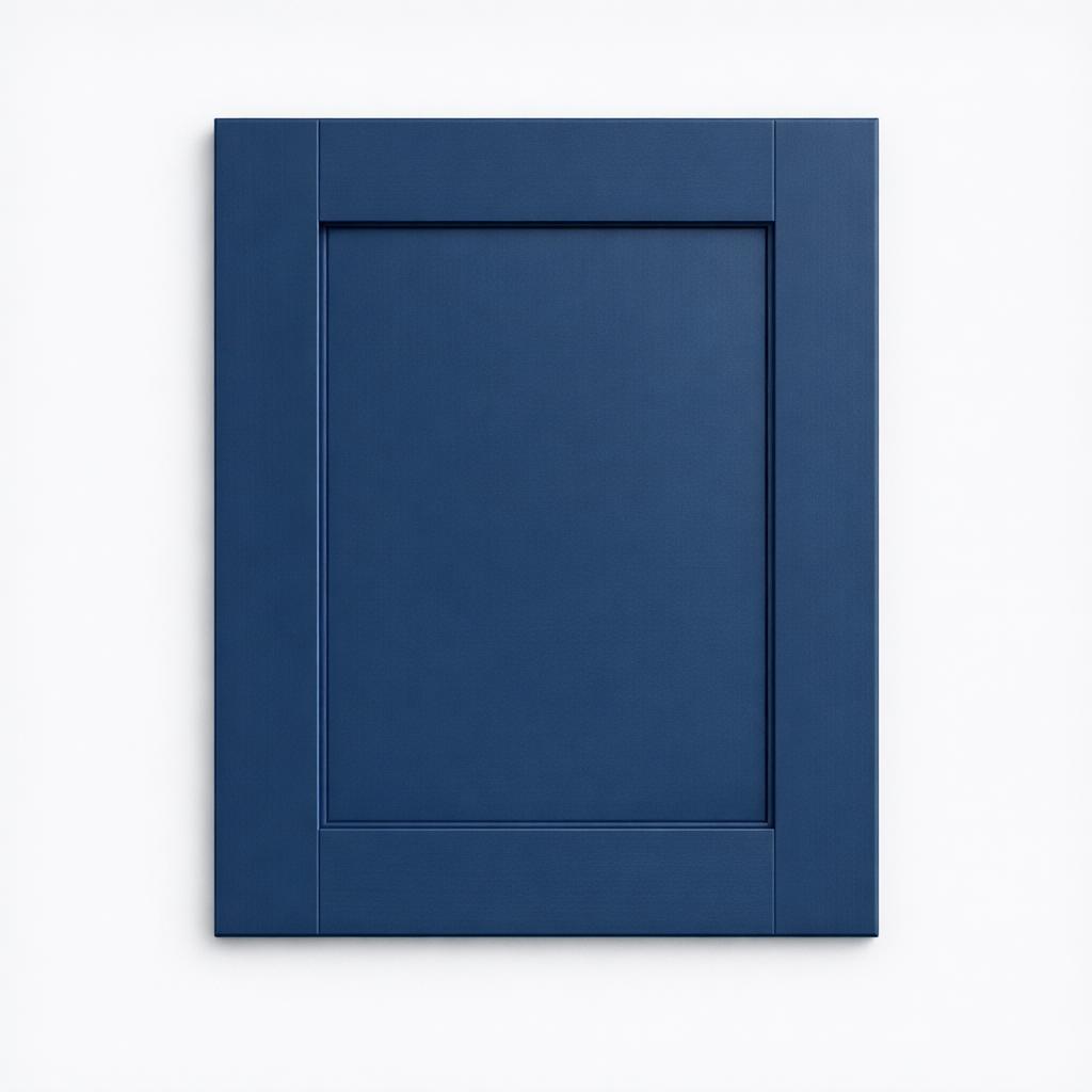A single flat-lay product photograph of a Shaker kitchen cabinet door panel. Material: MDF. Color: Navy. Finish: Painted