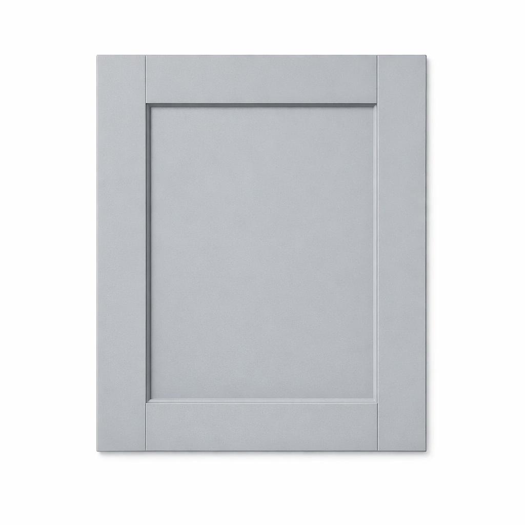 A single flat-lay product photograph of a Shaker kitchen cabinet door panel. Material: MDF. Color: Light Gr...