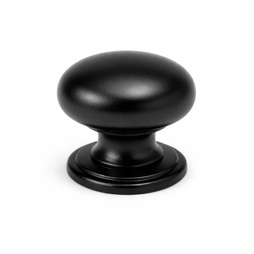 Commercial product photograph. A single residential cabinet knob. Smooth surface texture. Round Knob shape. Matte Black 