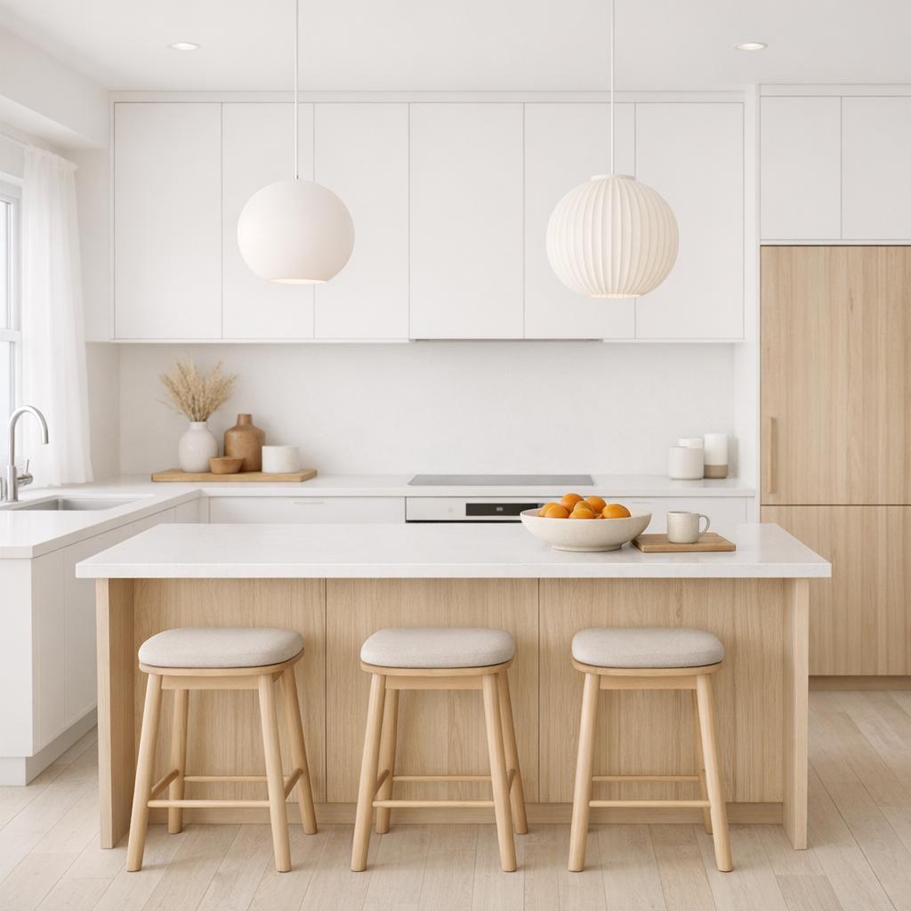 Photorealistic interior rendering of a kitchen remodel in Scandinavian style. The palest and whitest of the...