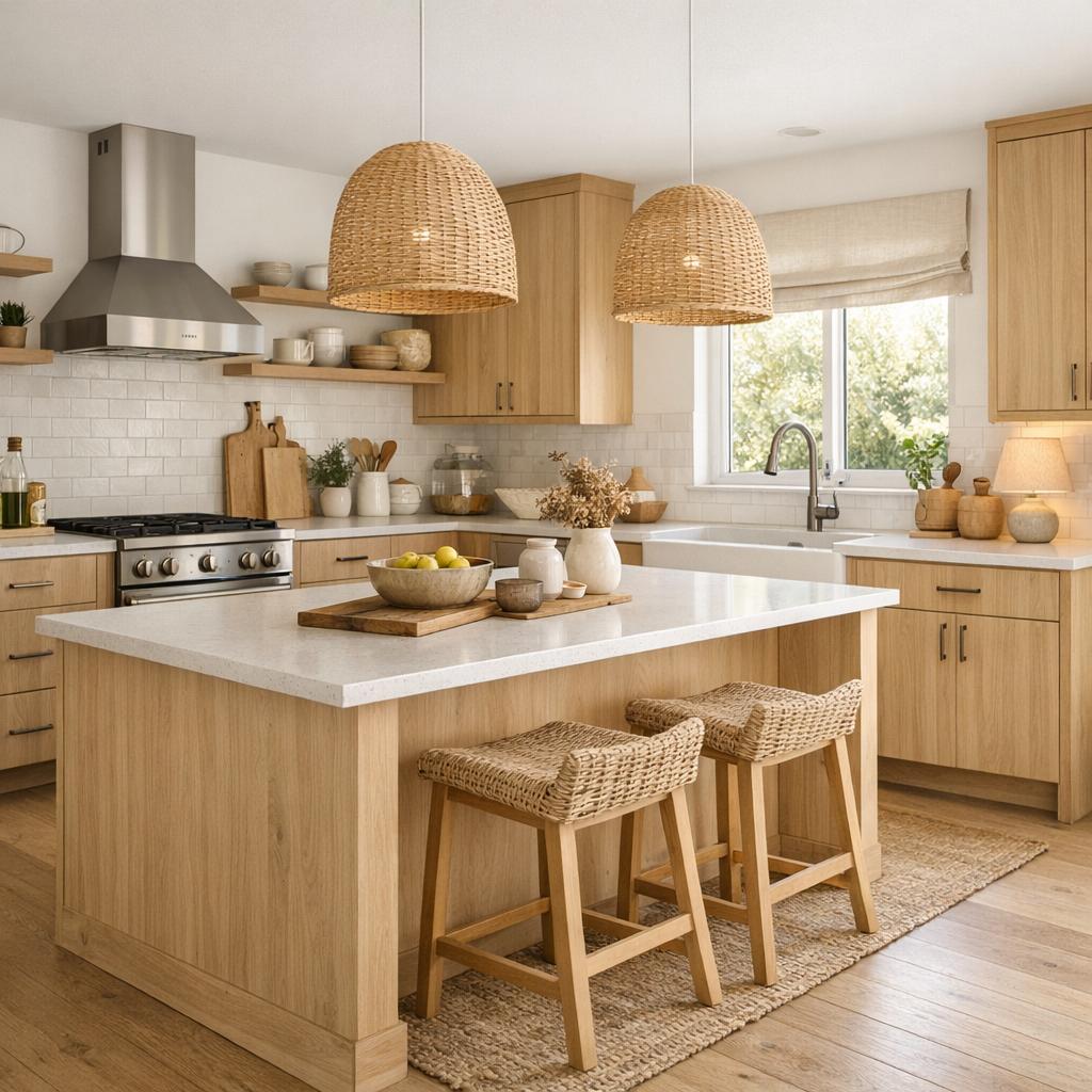 Photorealistic interior rendering of a kitchen remodel. Design style: Scandinavian. The space should feel W...