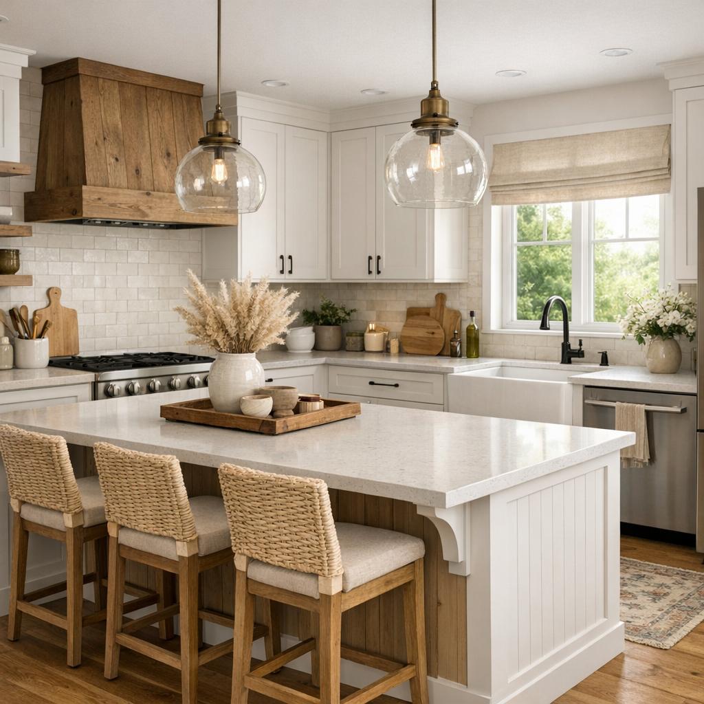 Photorealistic interior rendering of a kitchen remodel. Design style: Modern Farmhouse. The space should fe...